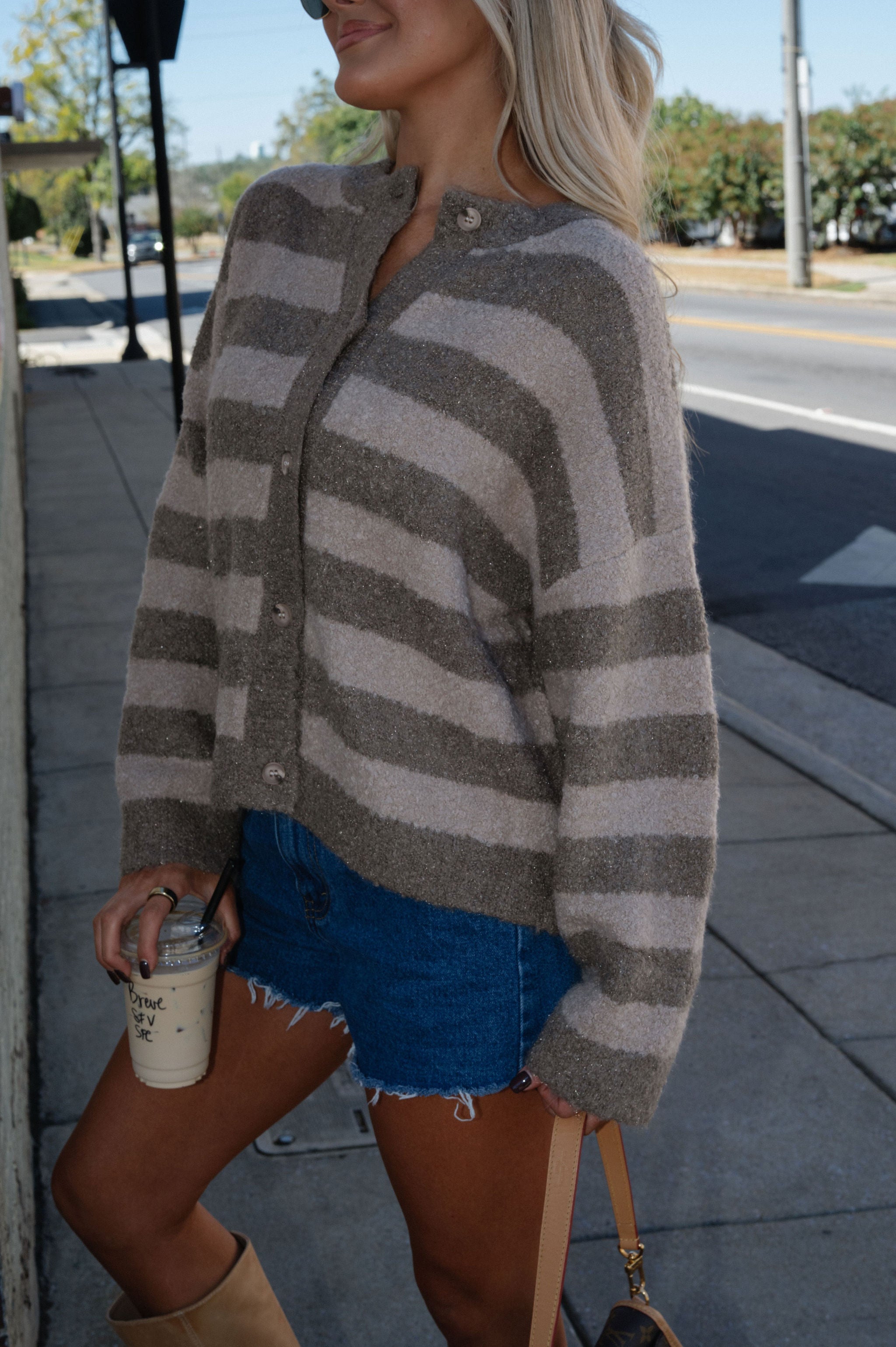 Fuzzy Stripe Cardigan-Beige/Taupe
