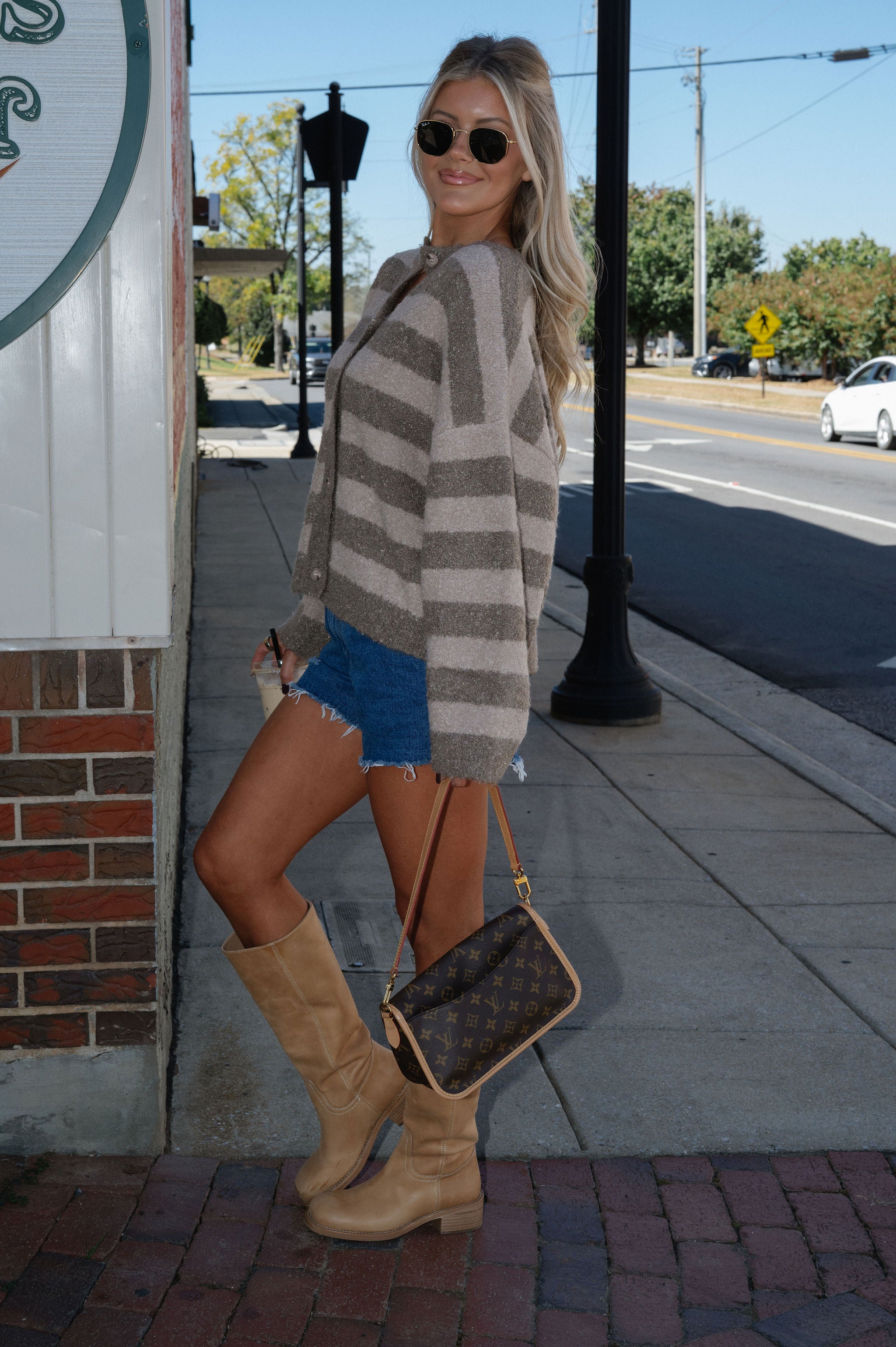 Fuzzy Stripe Cardigan-Beige/Taupe