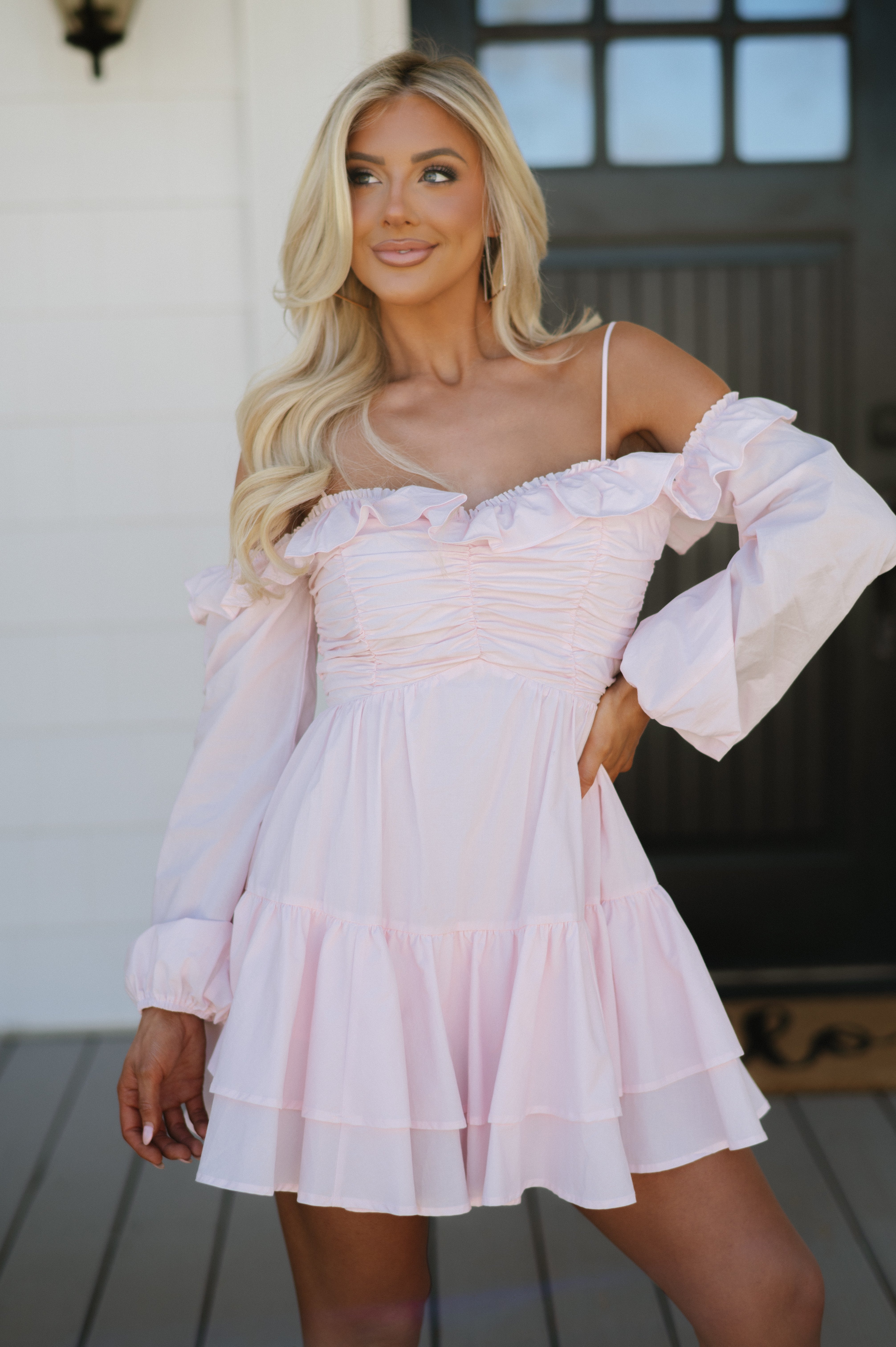 Poplin OTS Tiered Mini Dress-Baby Pink