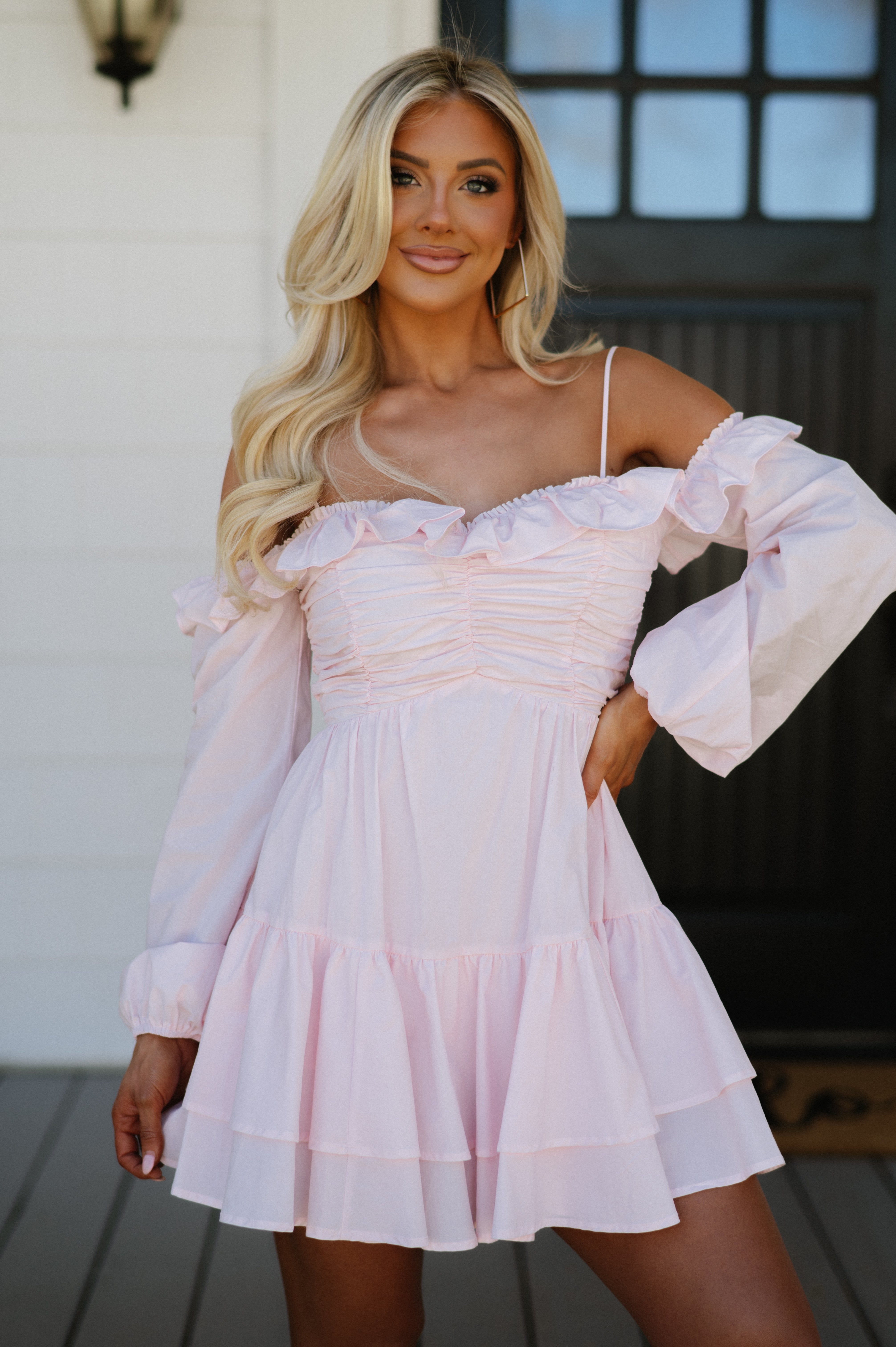 Poplin OTS Tiered Mini Dress-Baby Pink