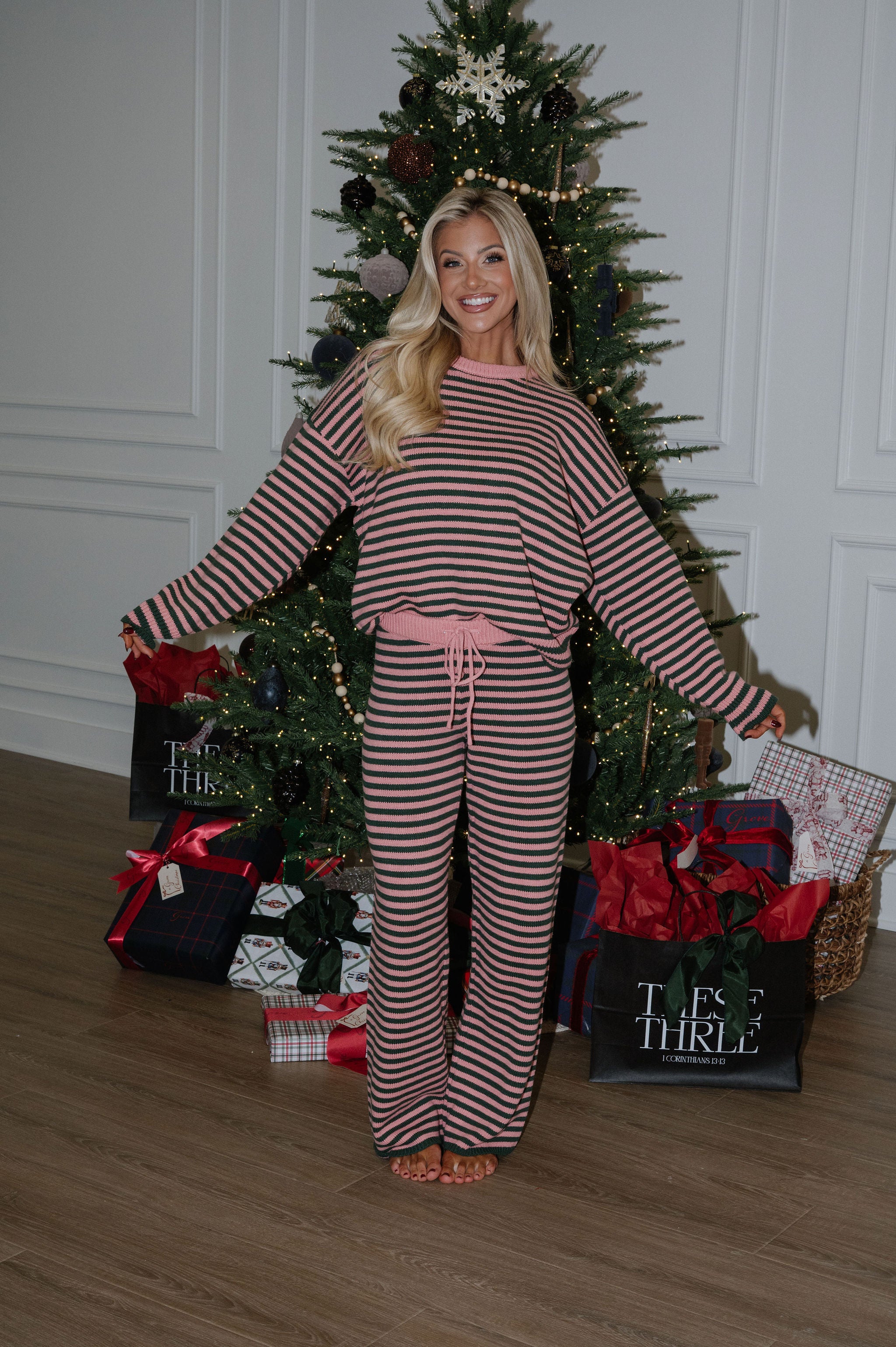 Henderson Striped Pants Set-Green/Pink