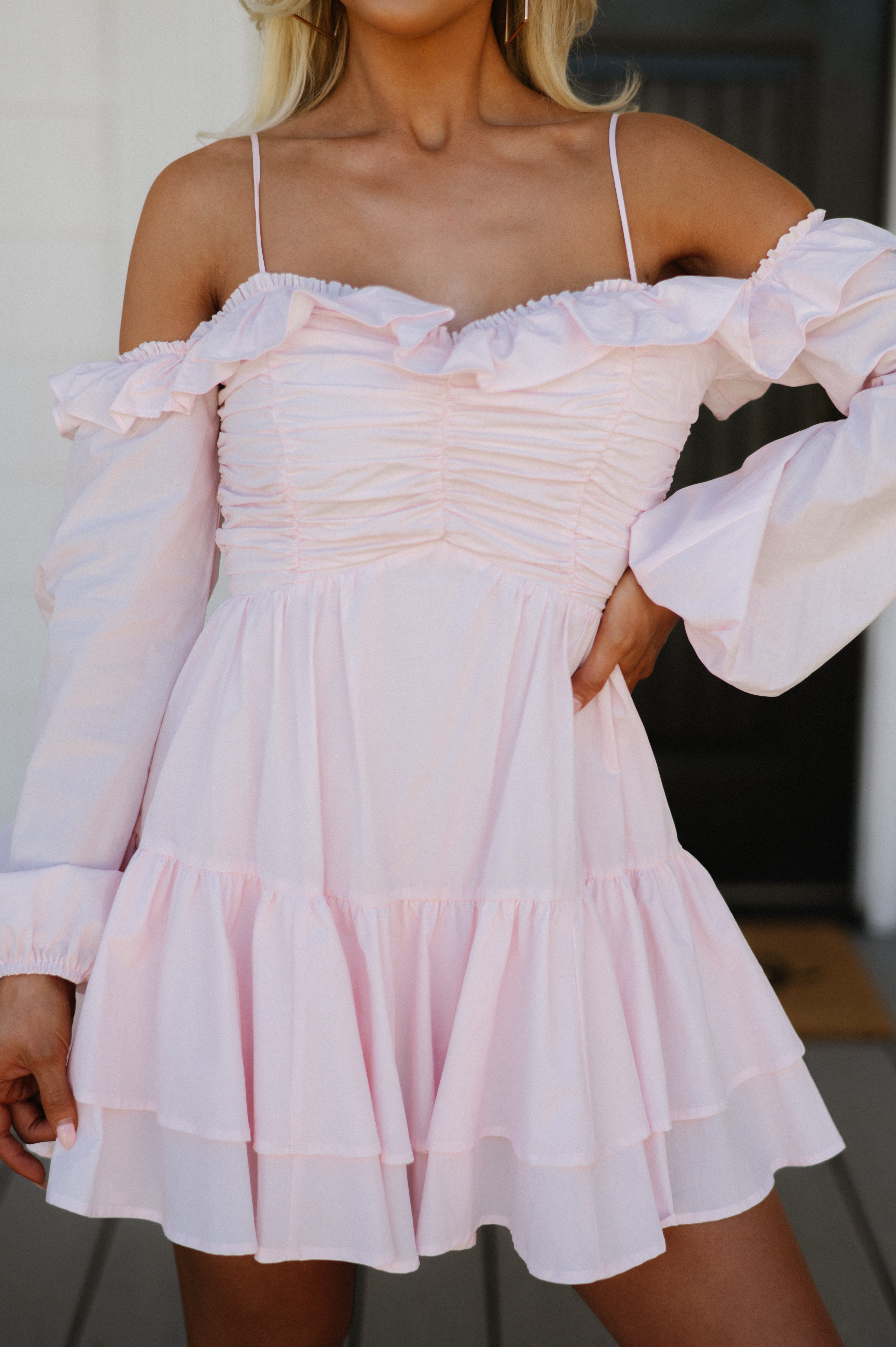 Poplin OTS Tiered Mini Dress-Baby Pink