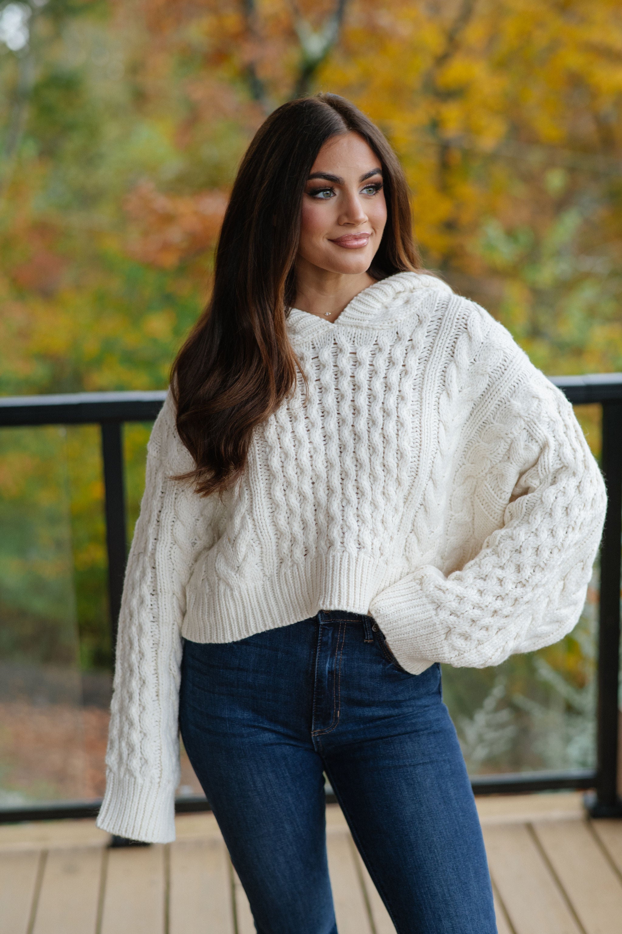 Cable Knit Hooded Sweater-Cream