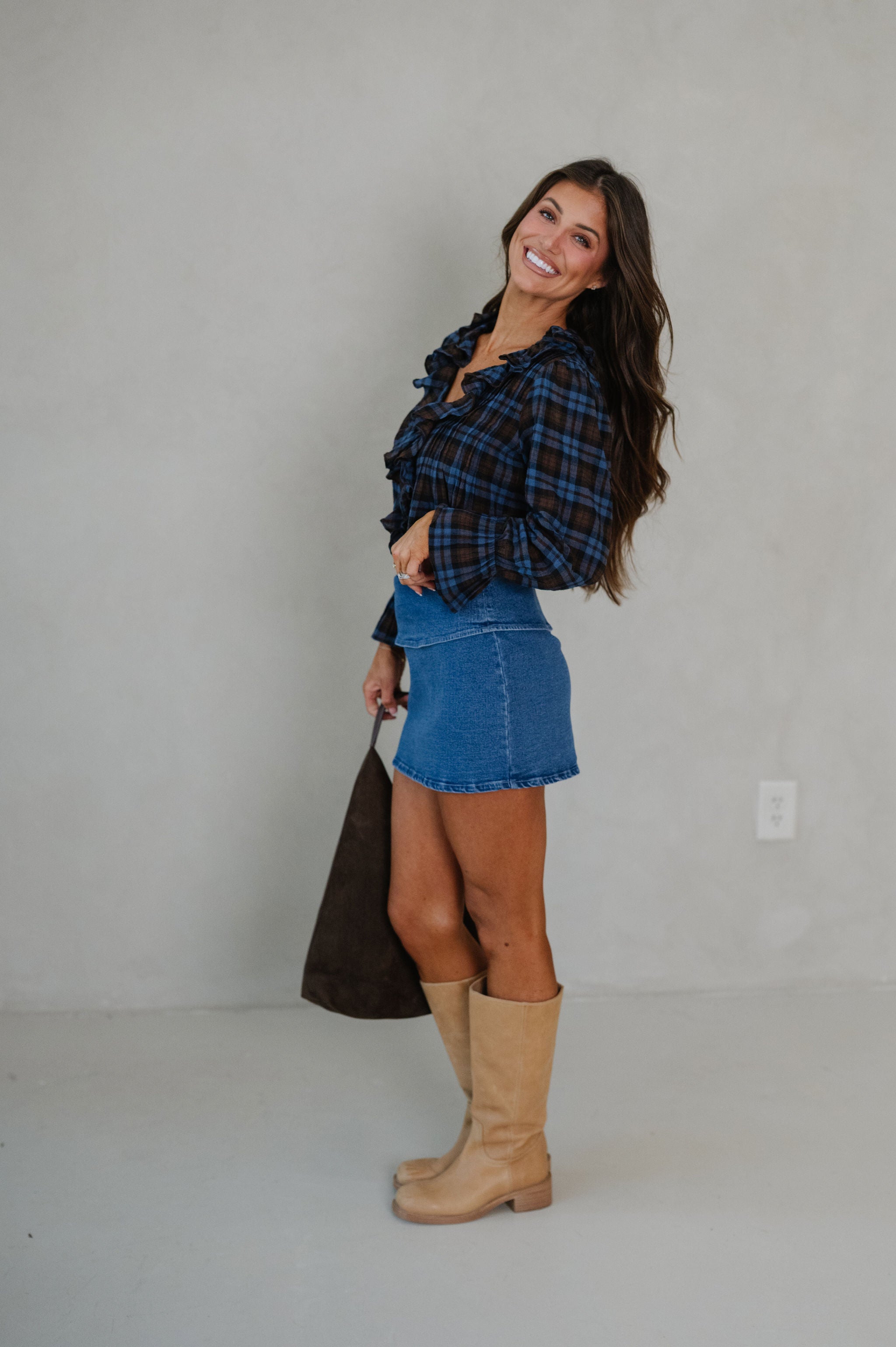 Lena Ruffle Plaid Blouse-Blue