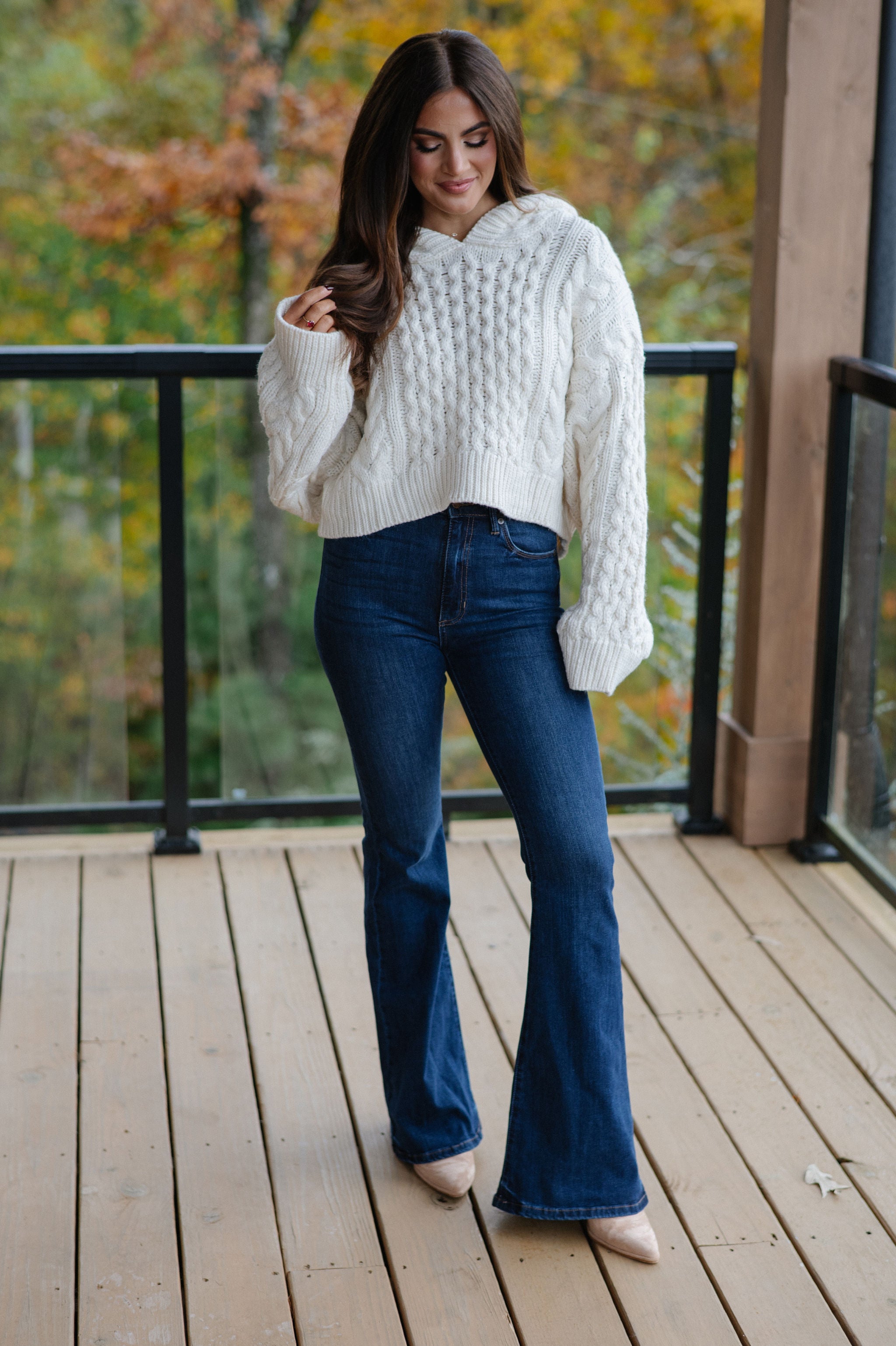 Cable Knit Hooded Sweater-Cream