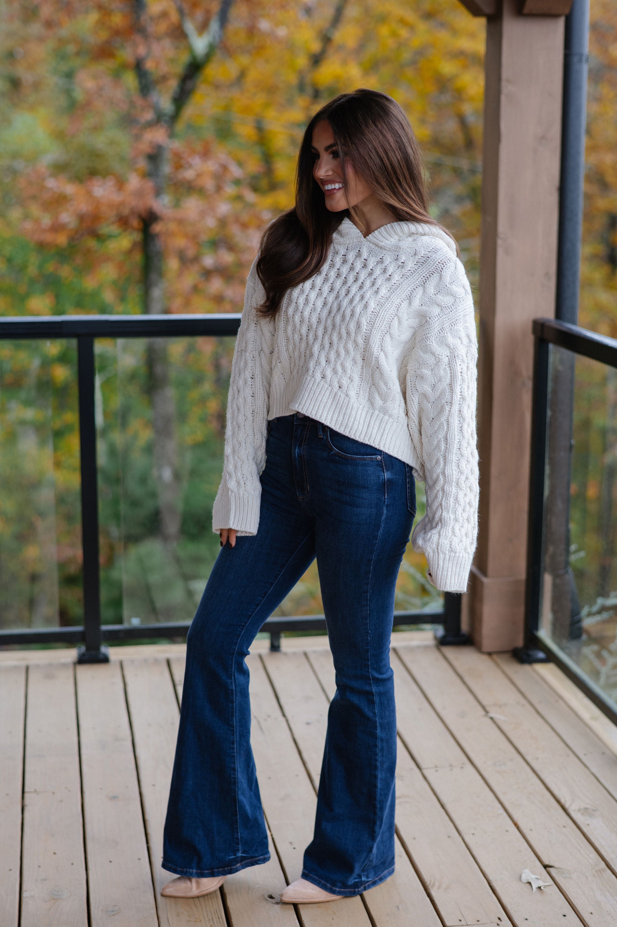 Cable Knit Hooded Sweater-Cream