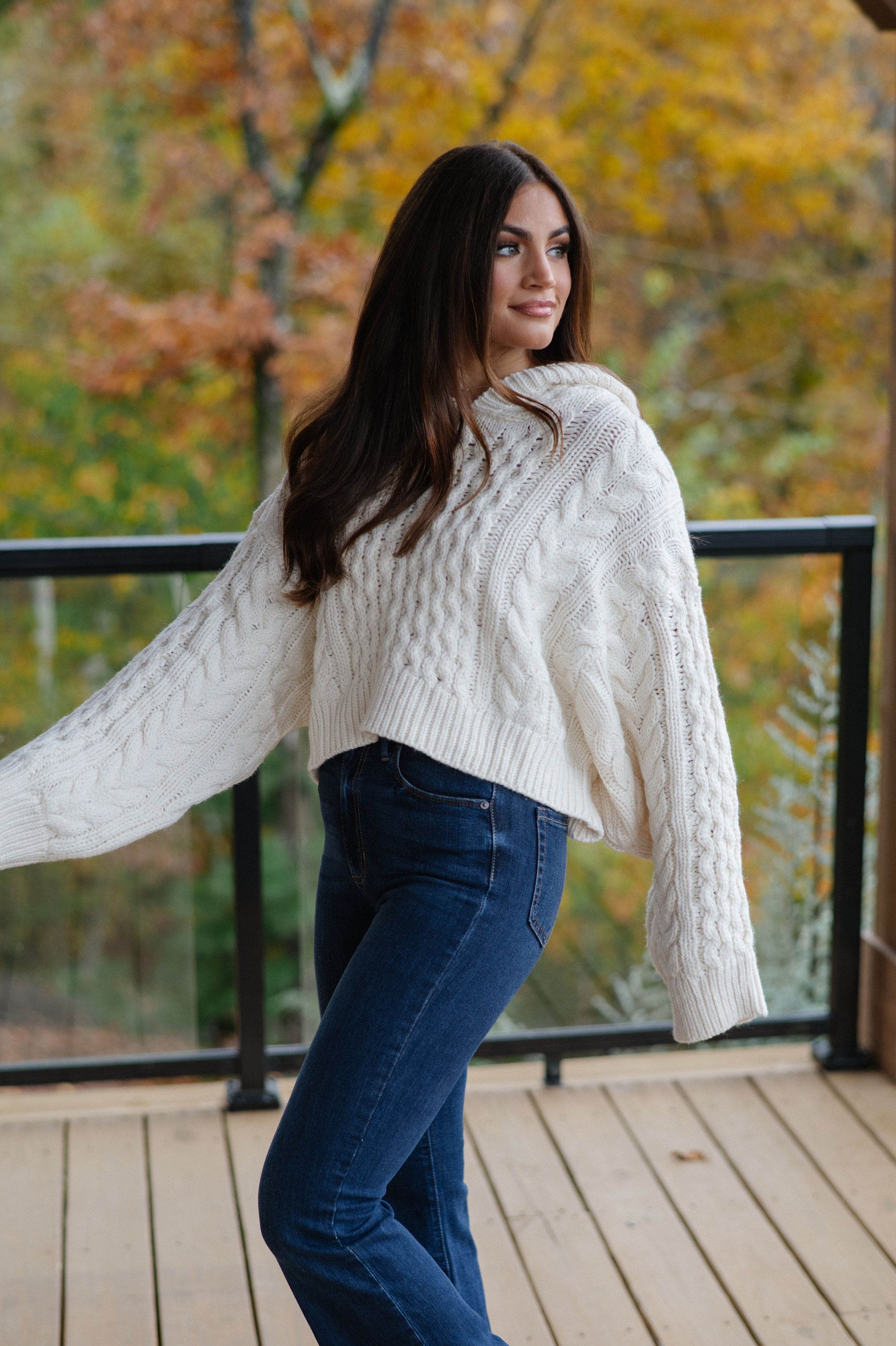 Cable Knit Hooded Sweater-Cream