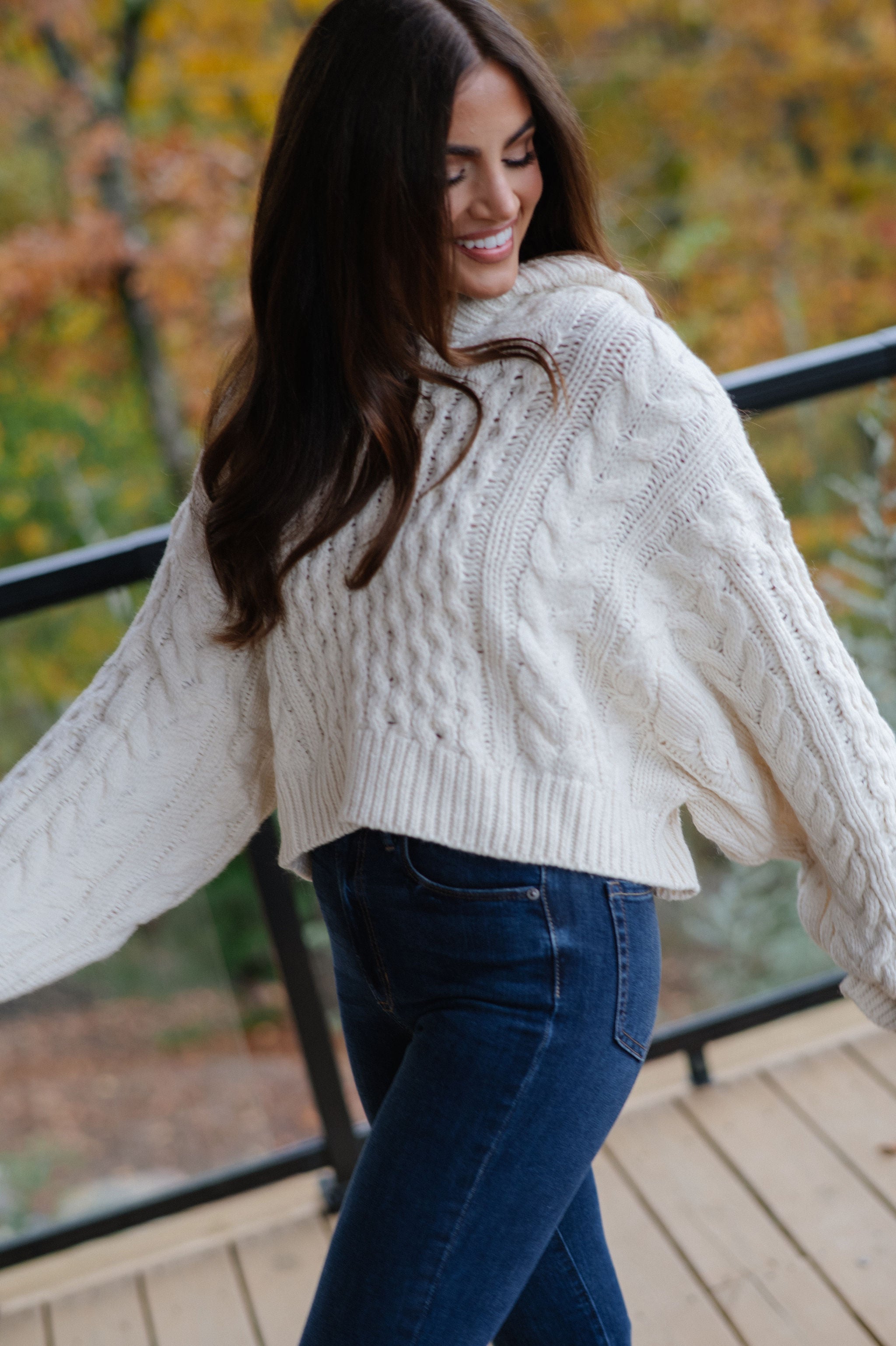 Cable Knit Hooded Sweater-Cream