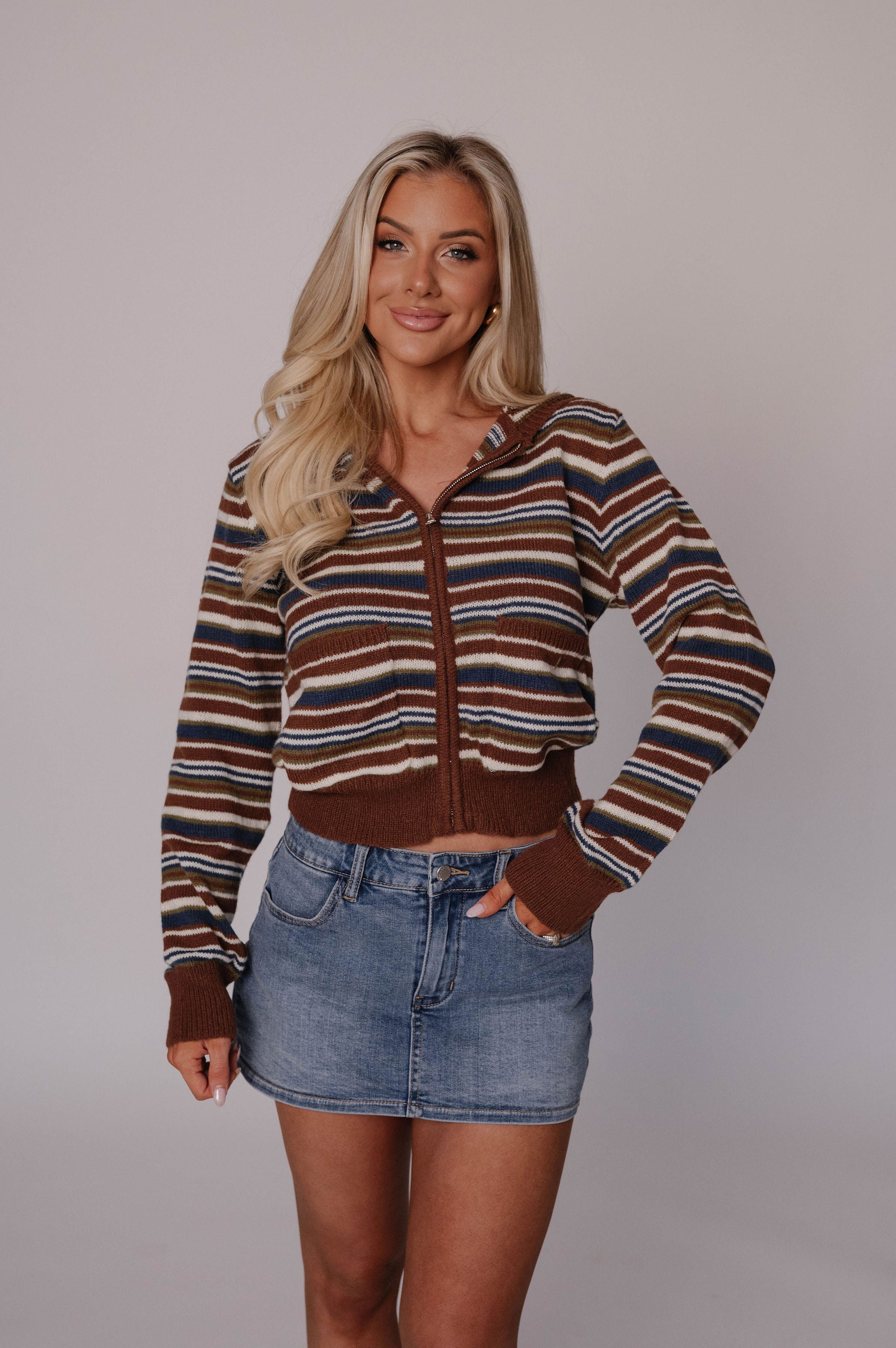 Megan Striped Knit Hoodie-Brown Multi