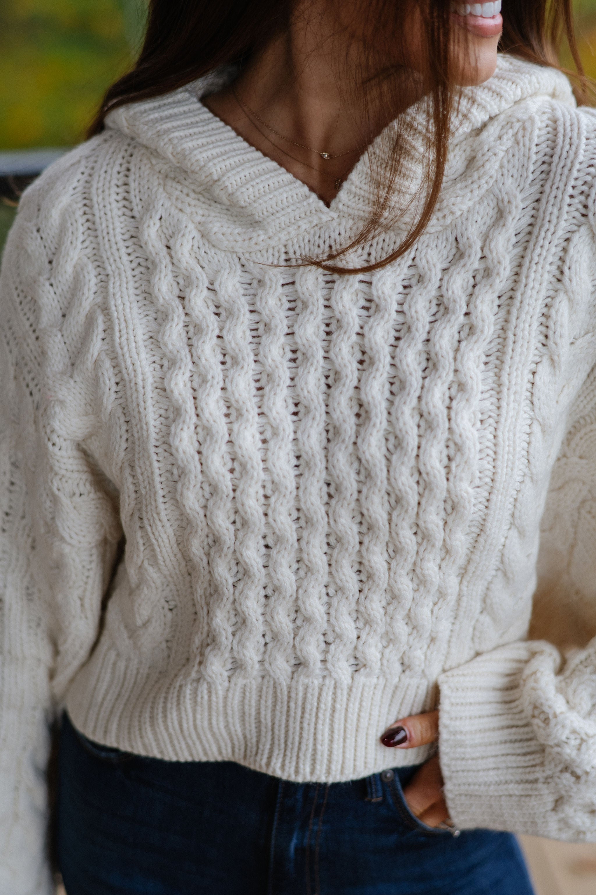 Cable Knit Hooded Sweater-Cream