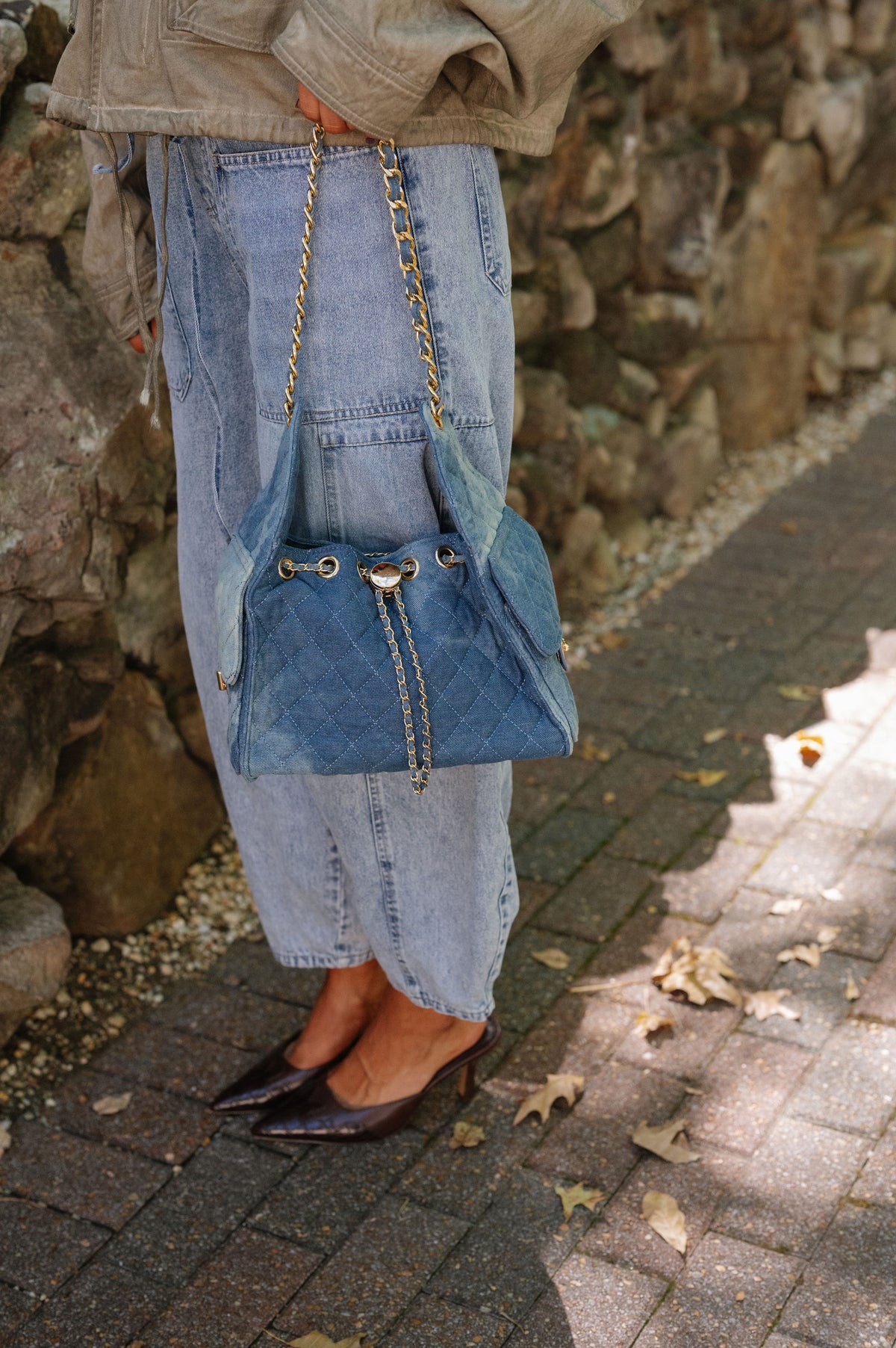 Sky Quilted Denim Shoulder Bag