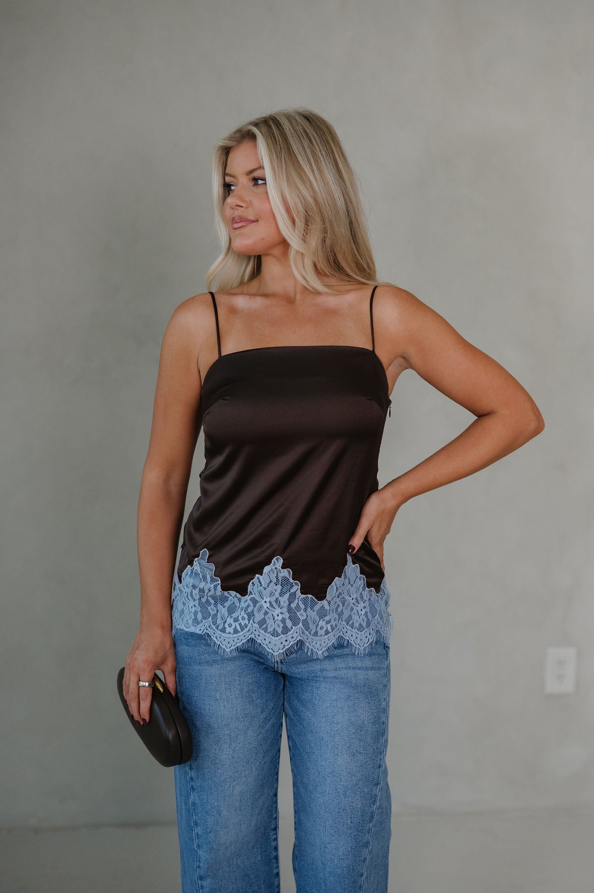 Sadie Satin Lace Cami-Brown/Blue
