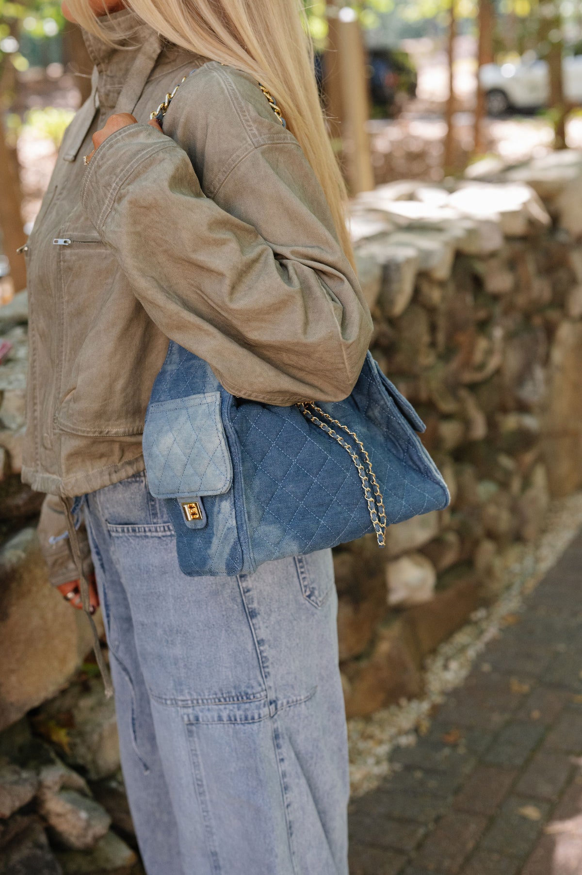 Sky Quilted Denim Shoulder Bag