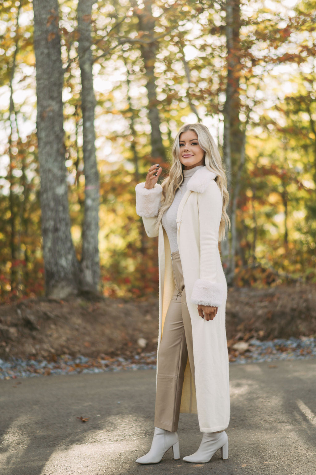 Faux Fur Trim Knit Cardigan-Cream