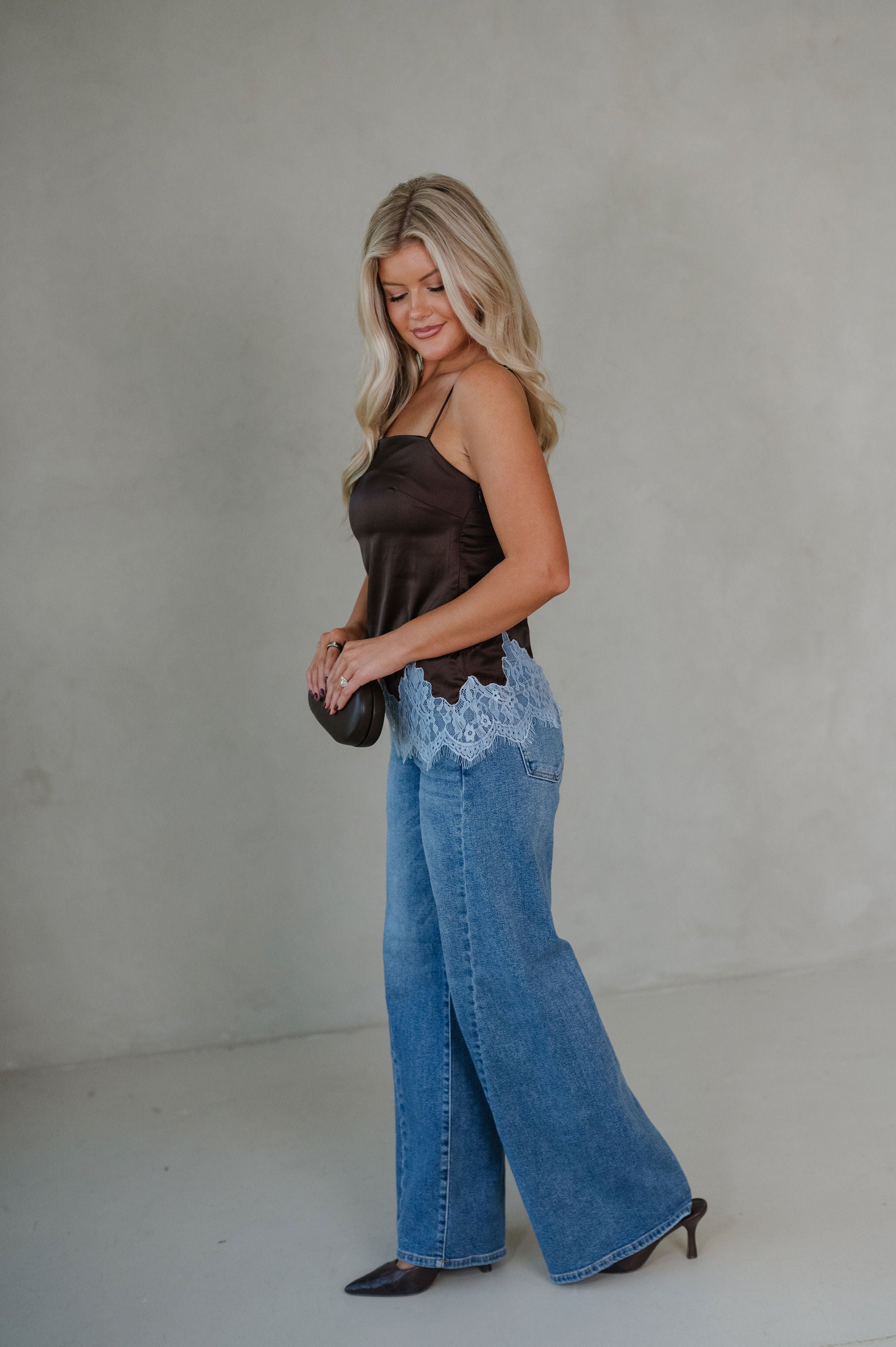 Sadie Satin Lace Cami-Brown/Blue