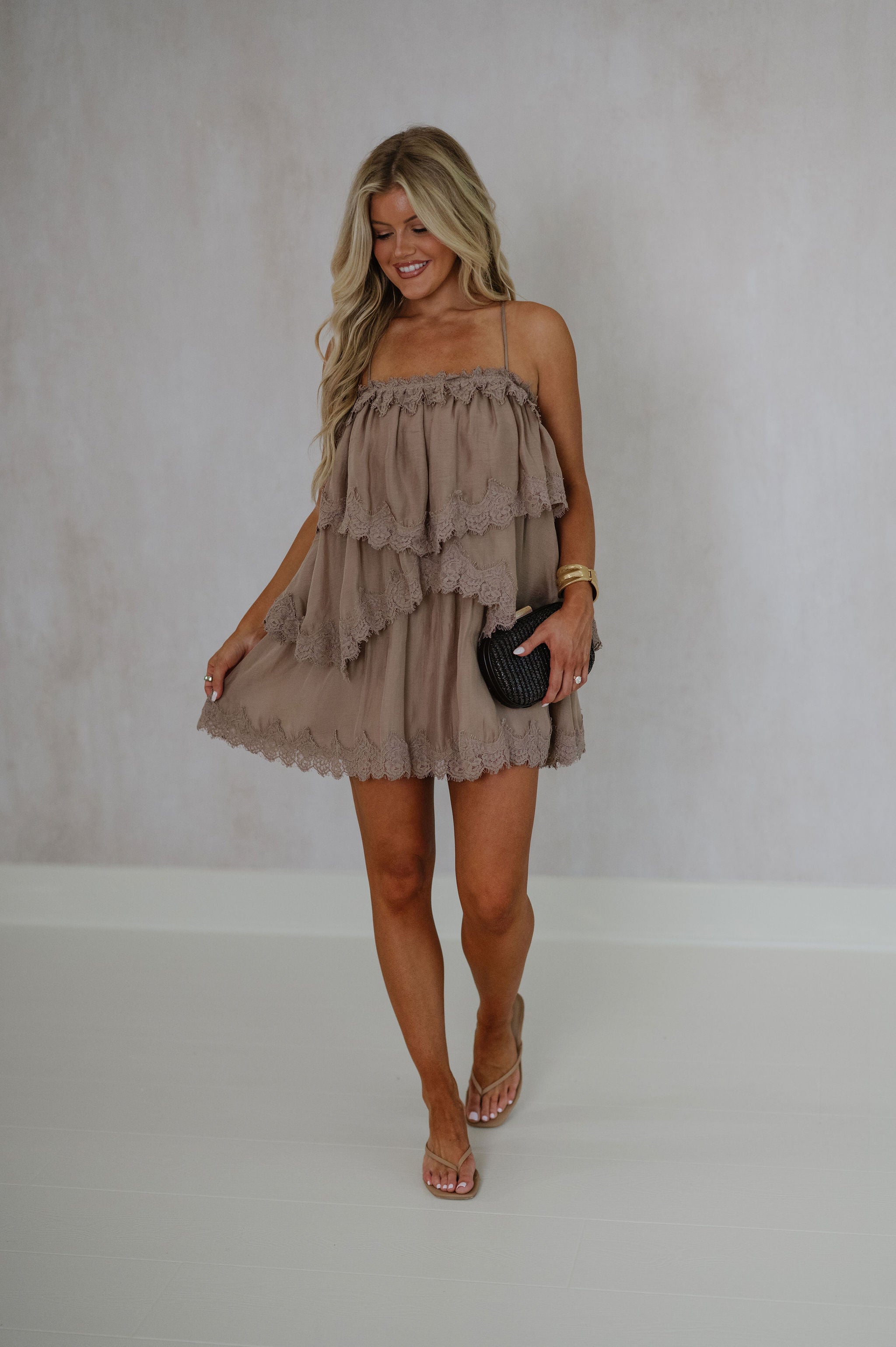 Lace Trim Ruffle Mini Dress-Mocha