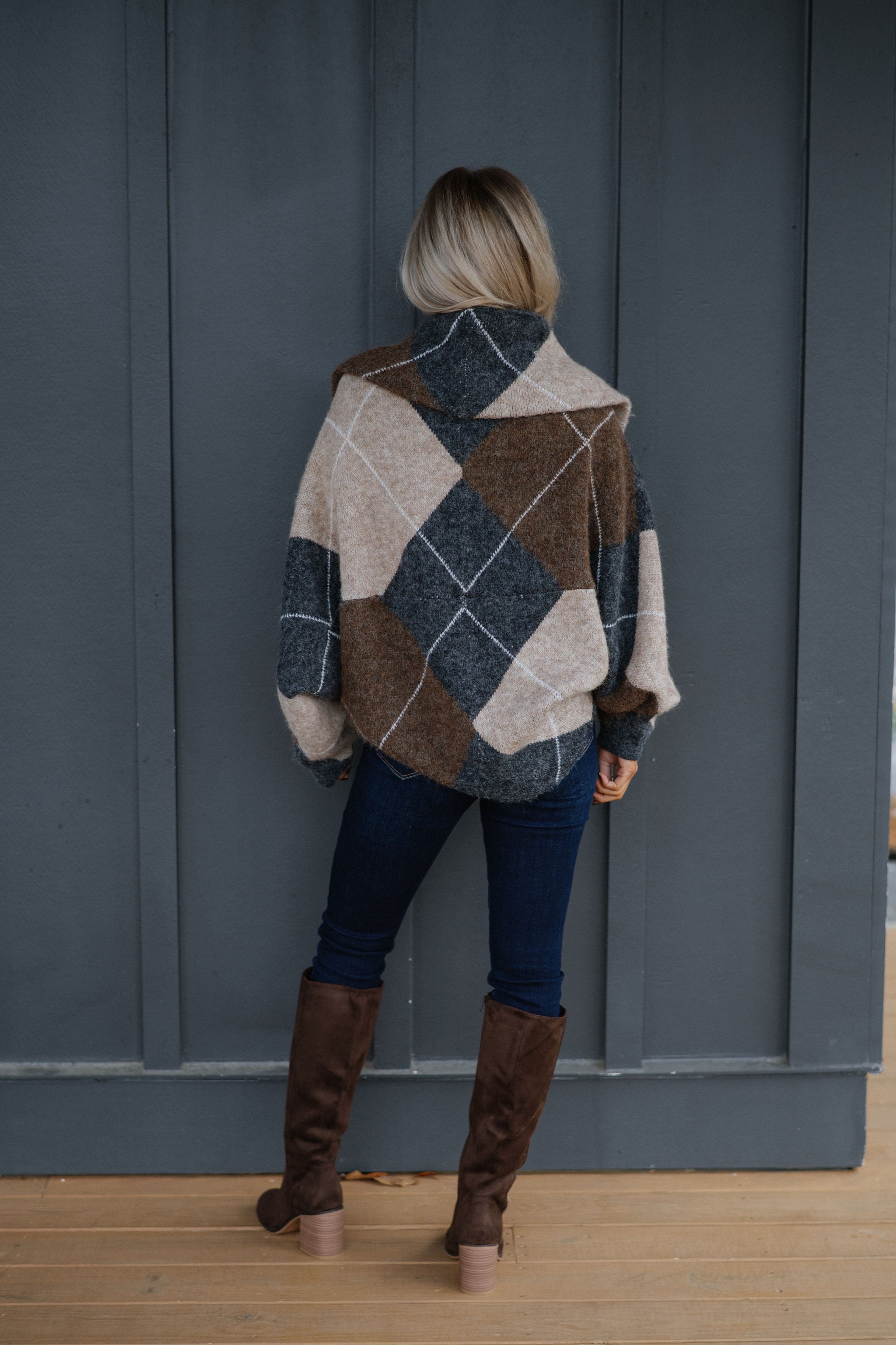 Argyle Knit Shrug Cardigan-Charcoal