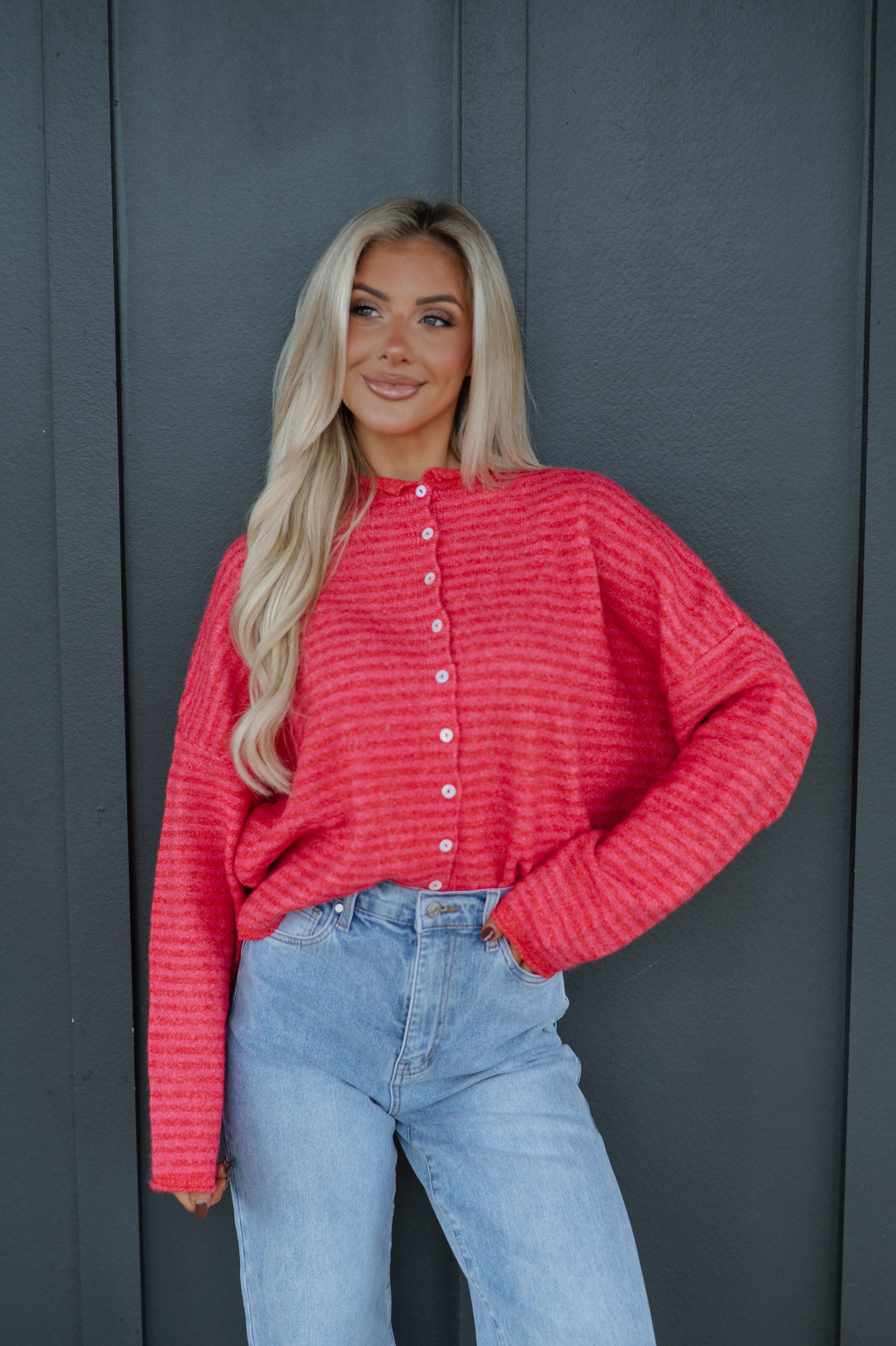 Mallory Mini Striped Cardigan- Cherry Red