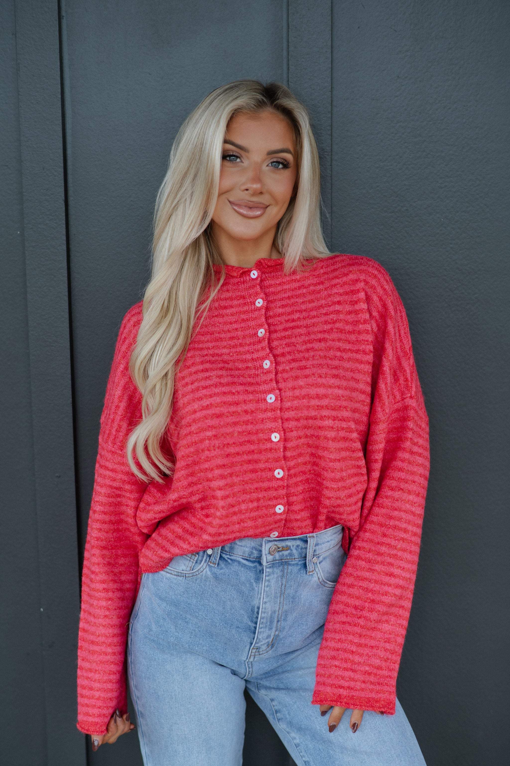 Mallory Mini Striped Cardigan- Cherry Red