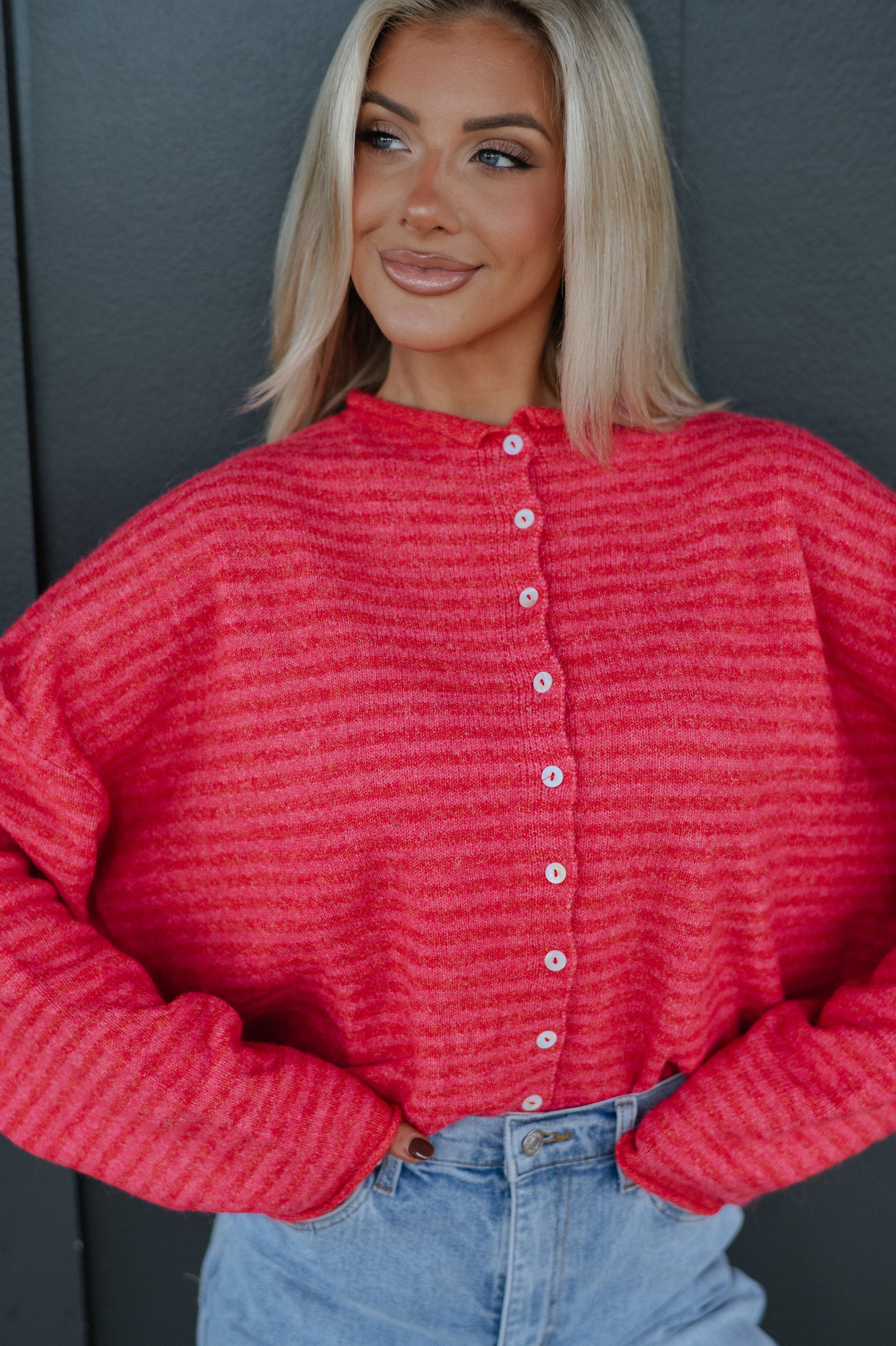 Mallory Mini Striped Cardigan- Cherry Red