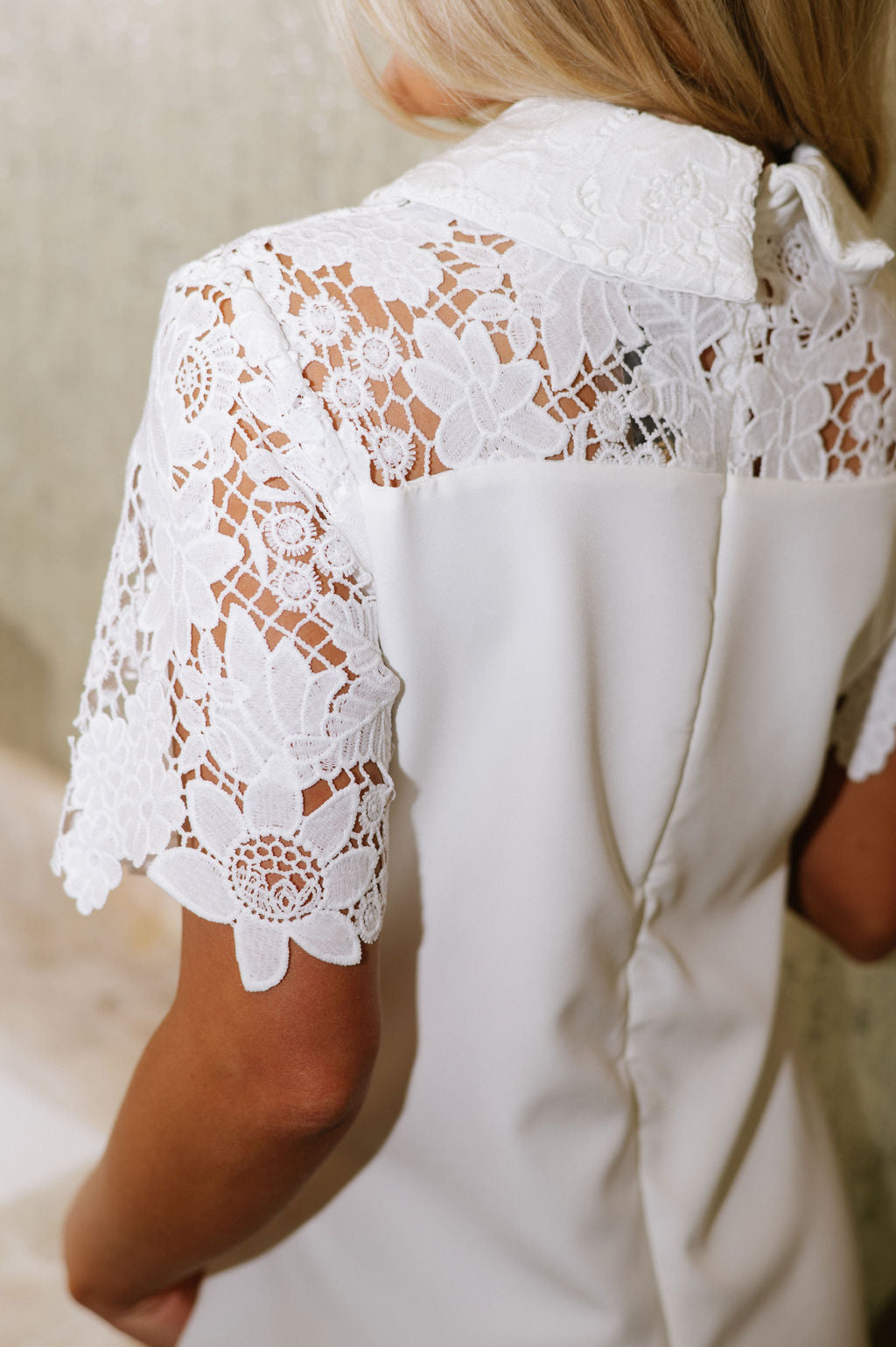 Short Sleeve Floral Lace Dress-White