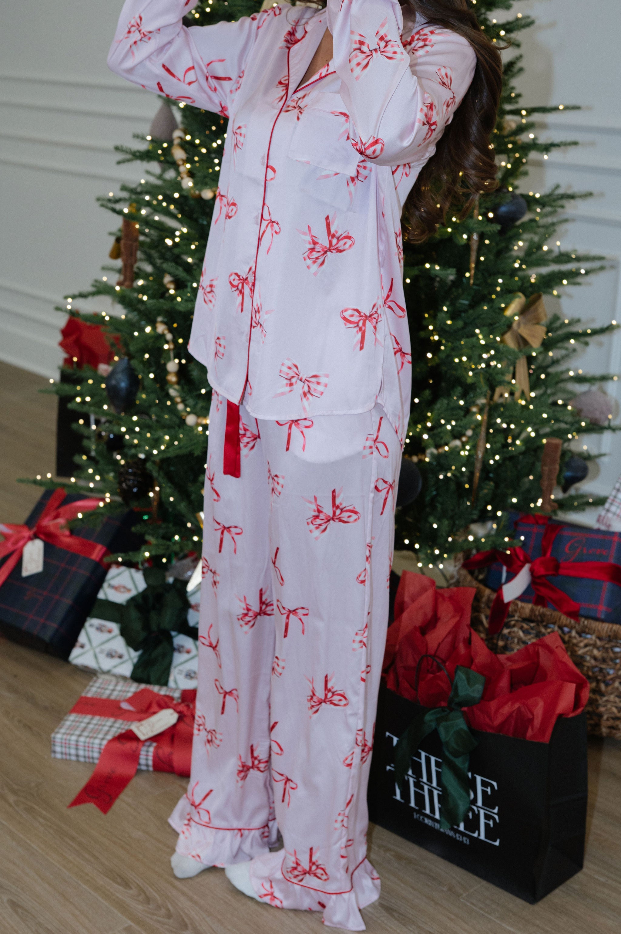 Bentley Bow Satin Pajamas-Light Pink