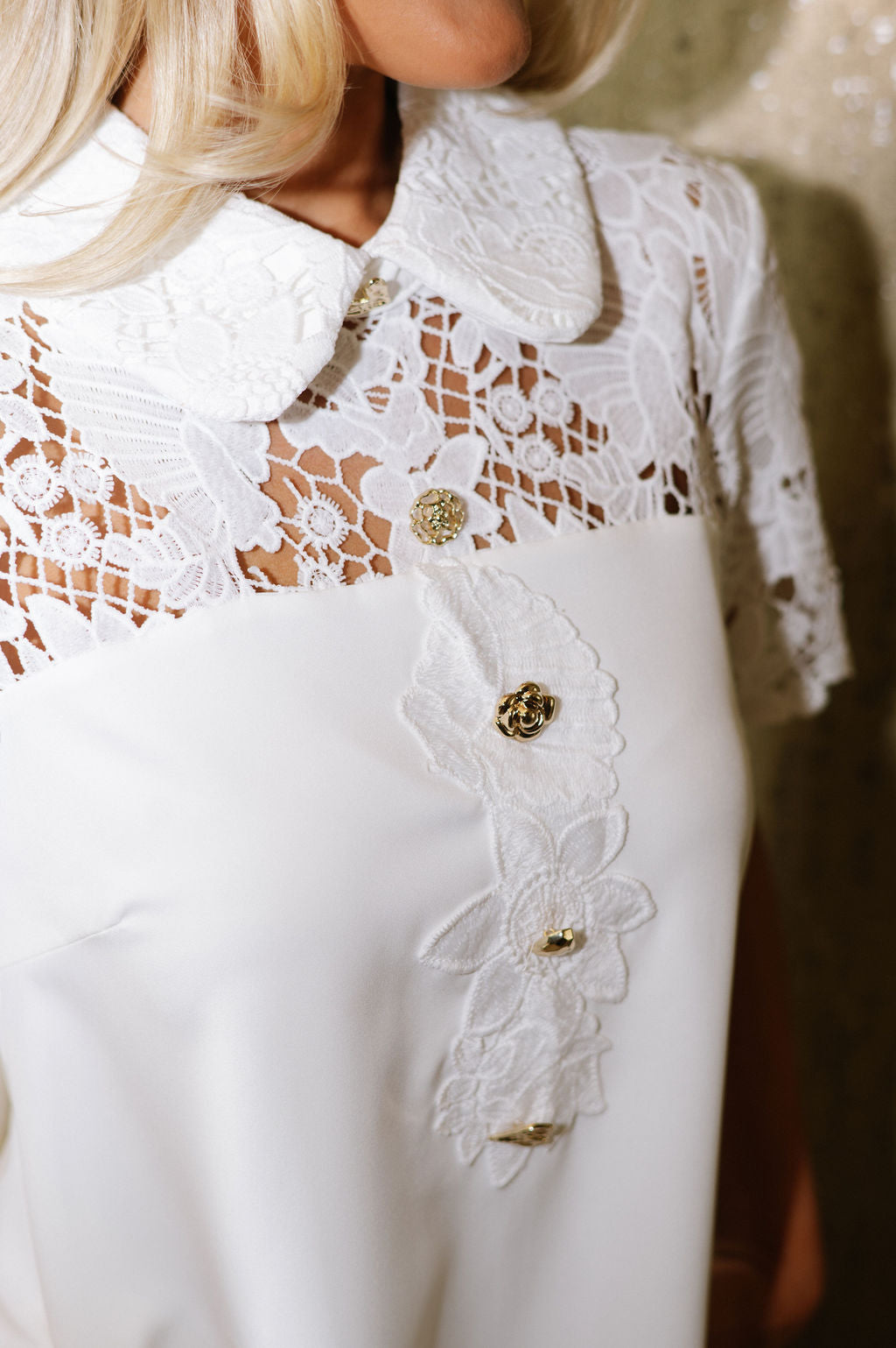 Short Sleeve Floral Lace Dress-White