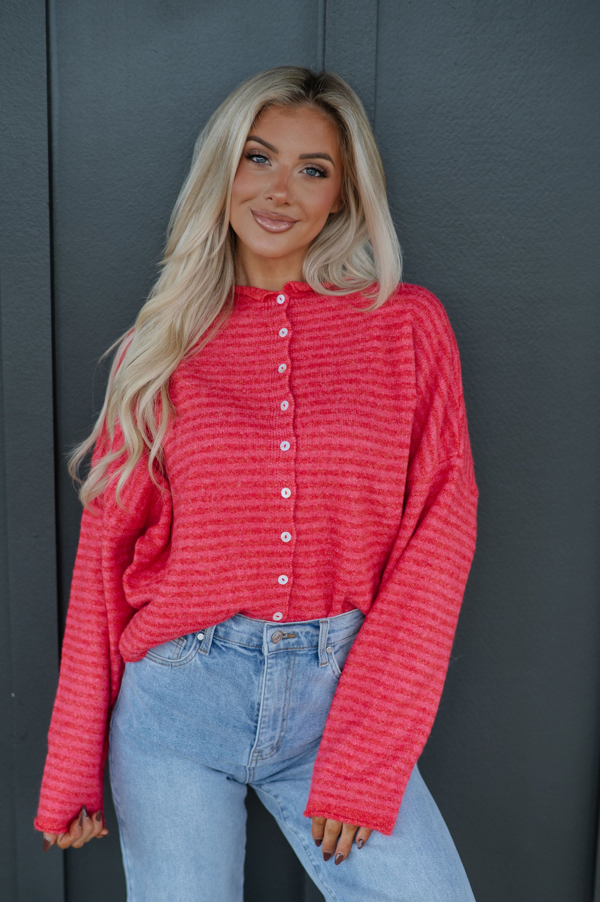 Mallory Mini Striped Cardigan- Cherry Red