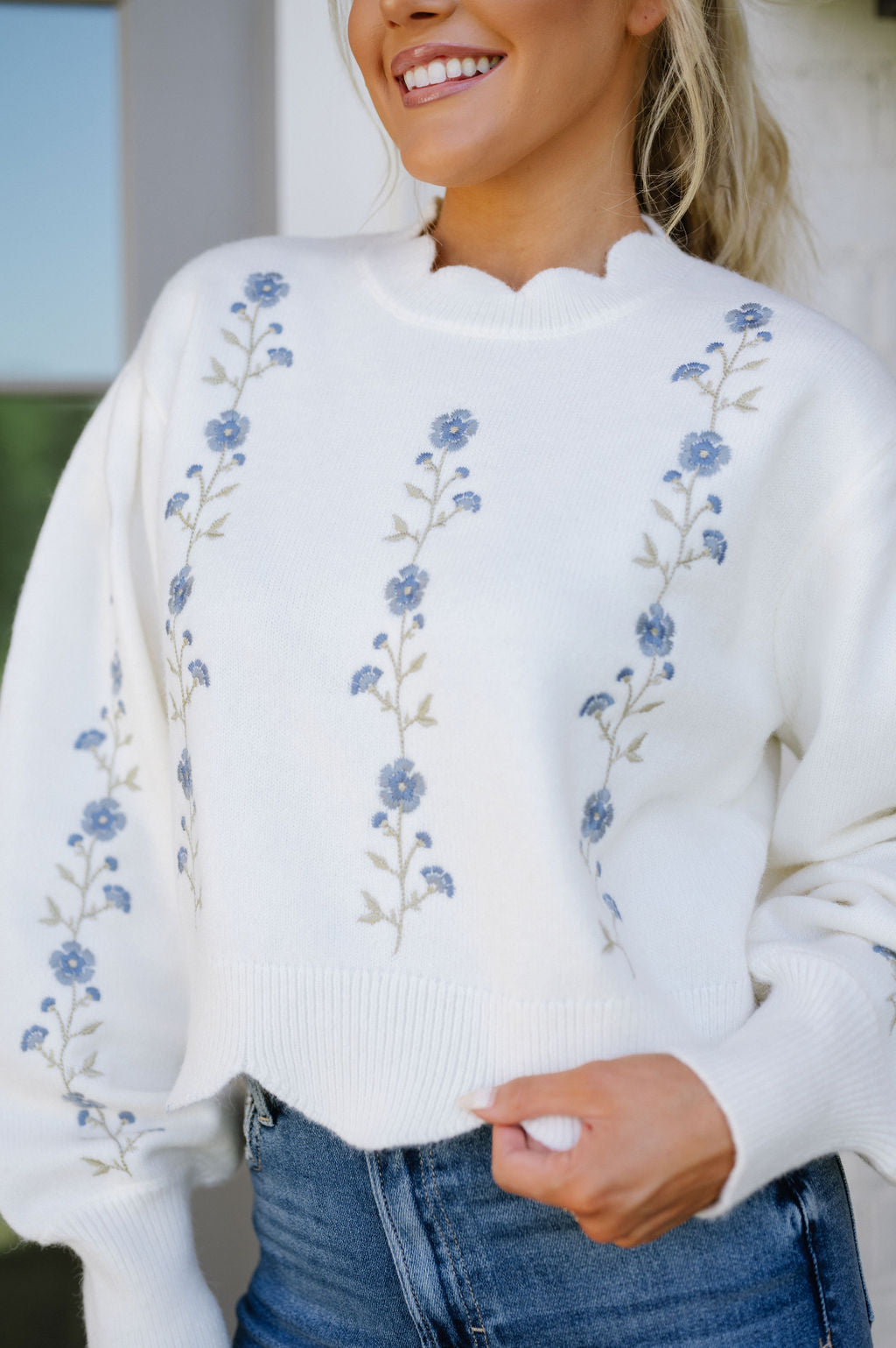 Floral Embroidered Scallop Sweater-Cream