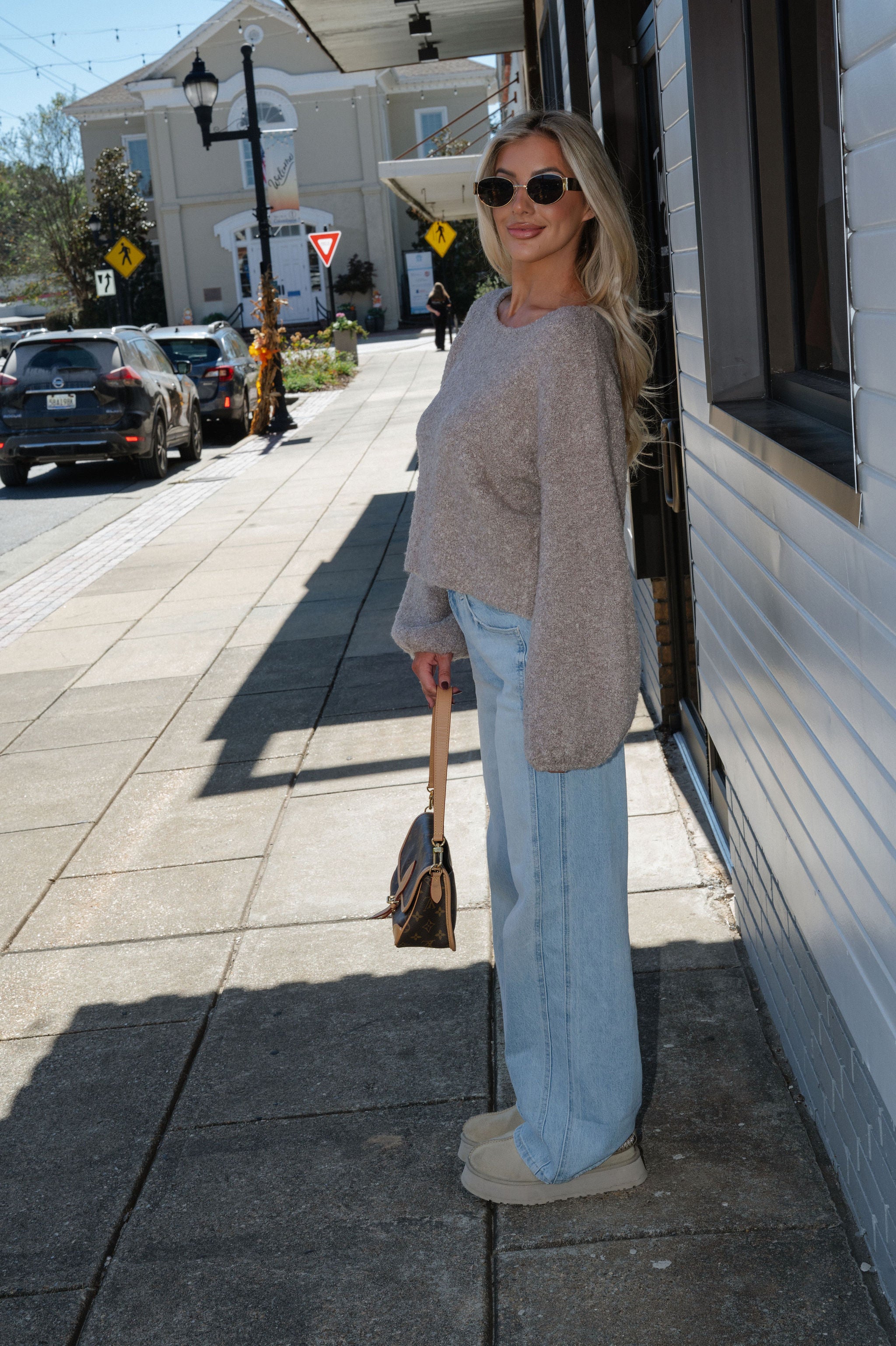Textured Knit Bubble Sleeve Sweater-Mocha