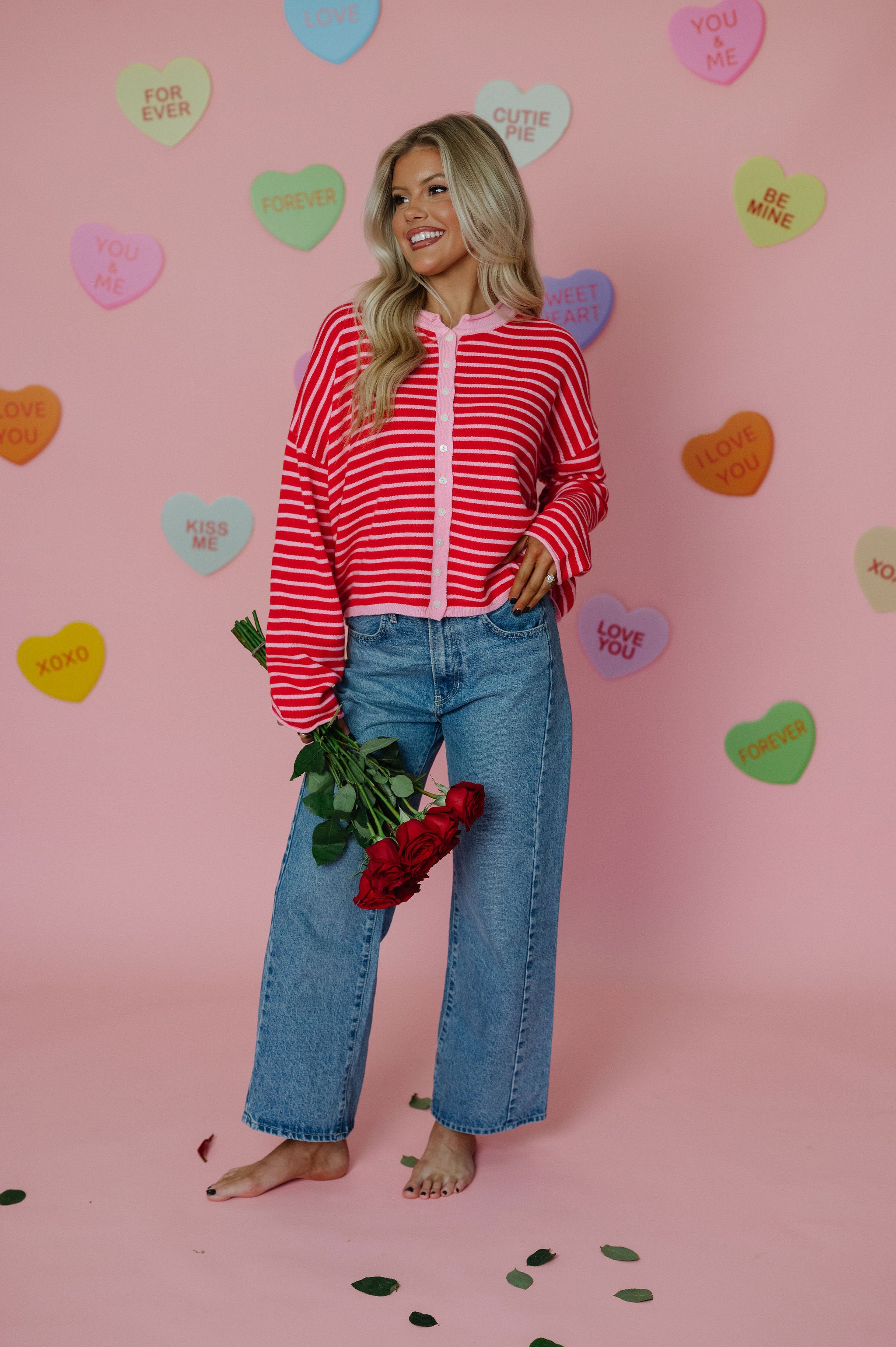 Valerie Striped Cardigan Sweater-Pink/Red