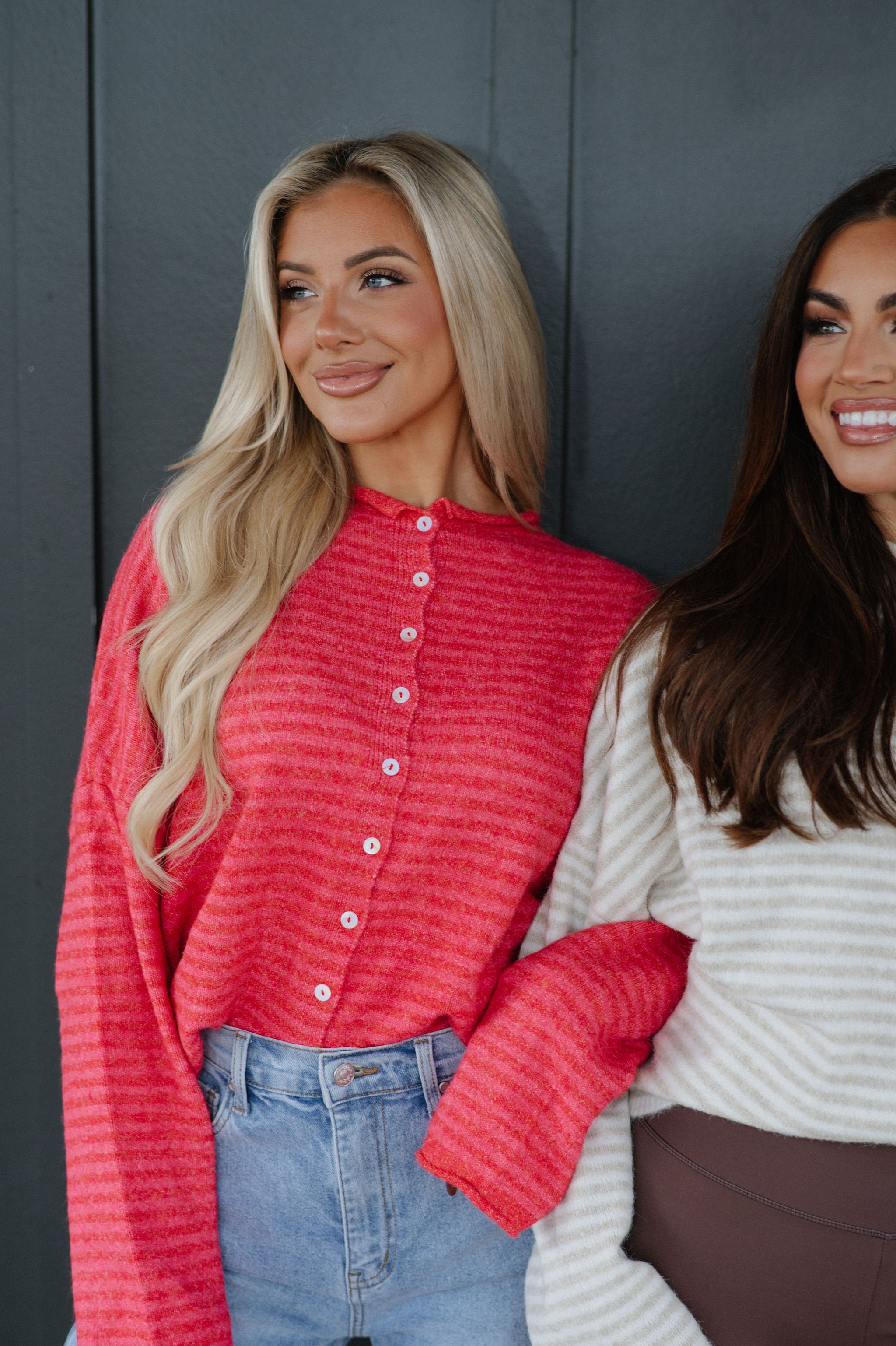 Mallory Mini Striped Cardigan- Cherry Red