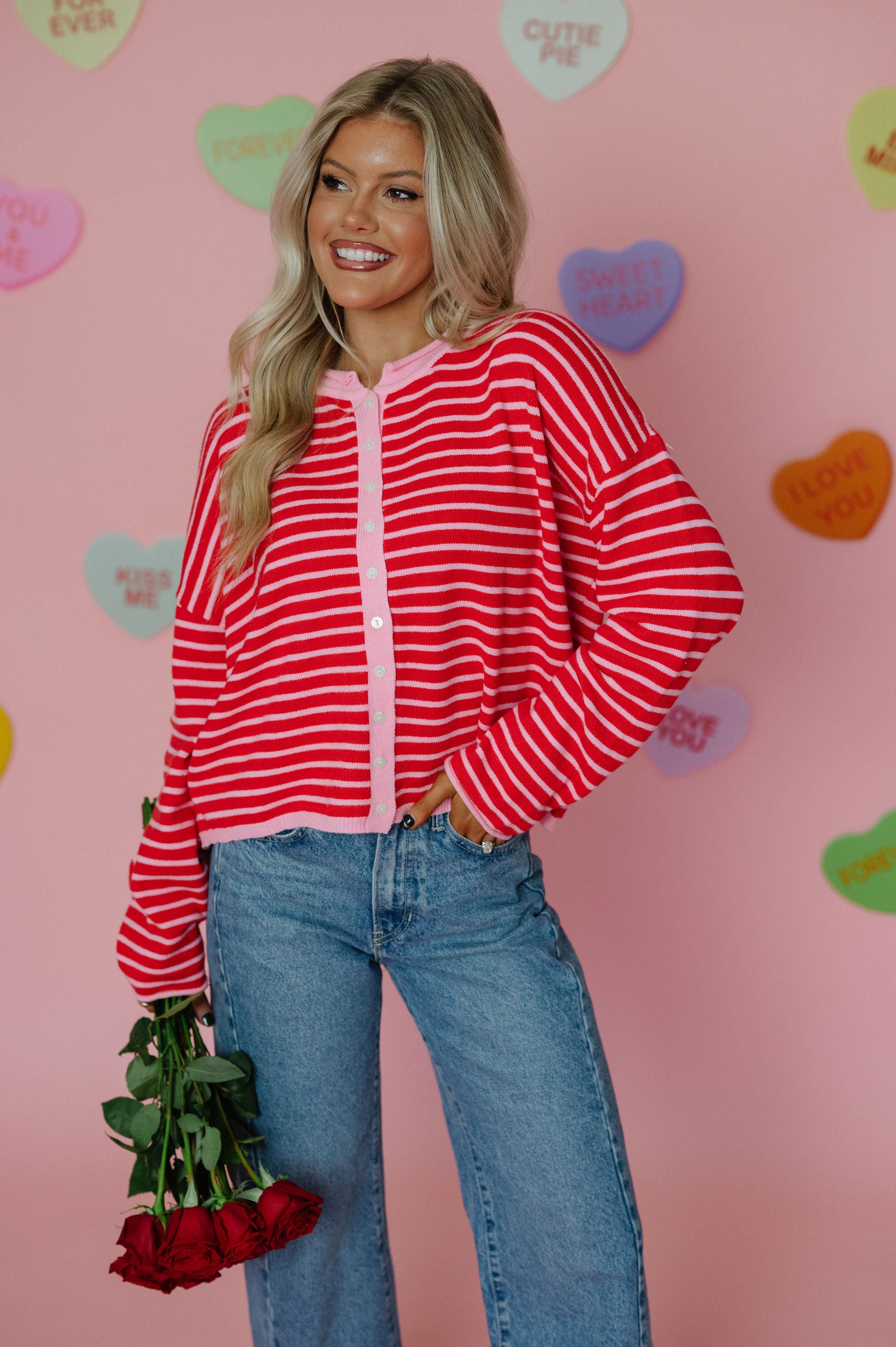 Valerie Striped Cardigan Sweater-Pink/Red