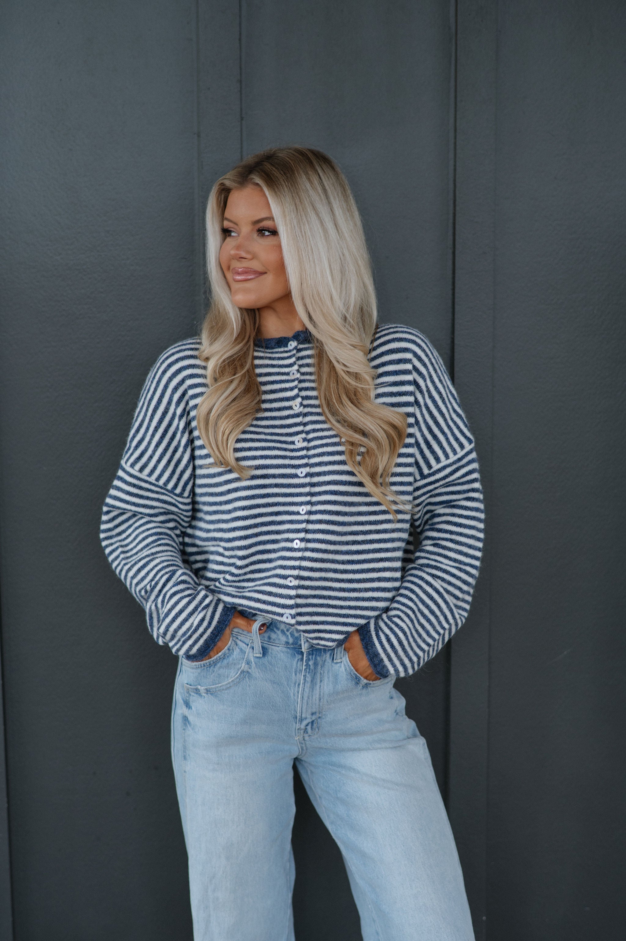 Mallory Mini Striped Cardigan- Denim
