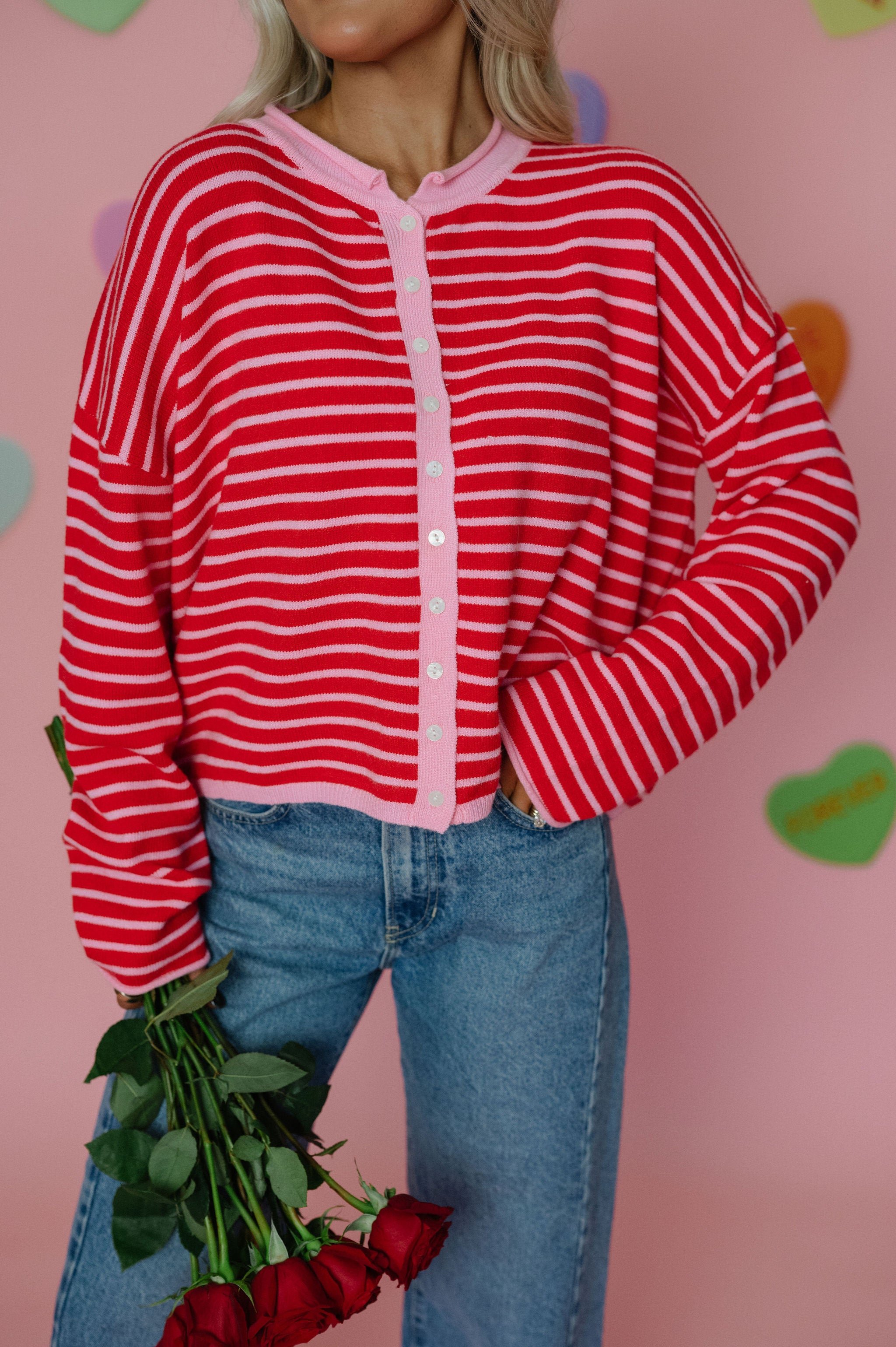 Valerie Striped Cardigan Sweater-Pink/Red