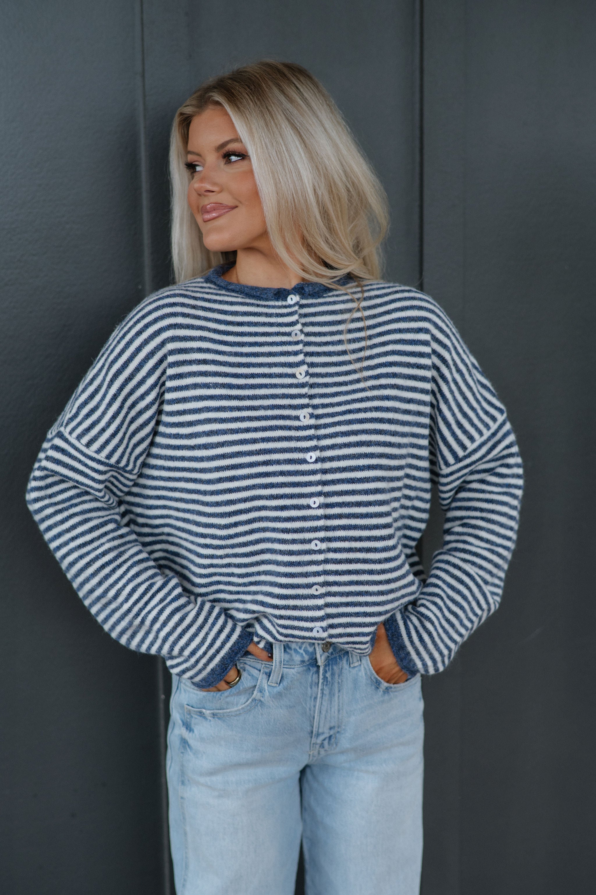 Mallory Mini Striped Cardigan- Denim
