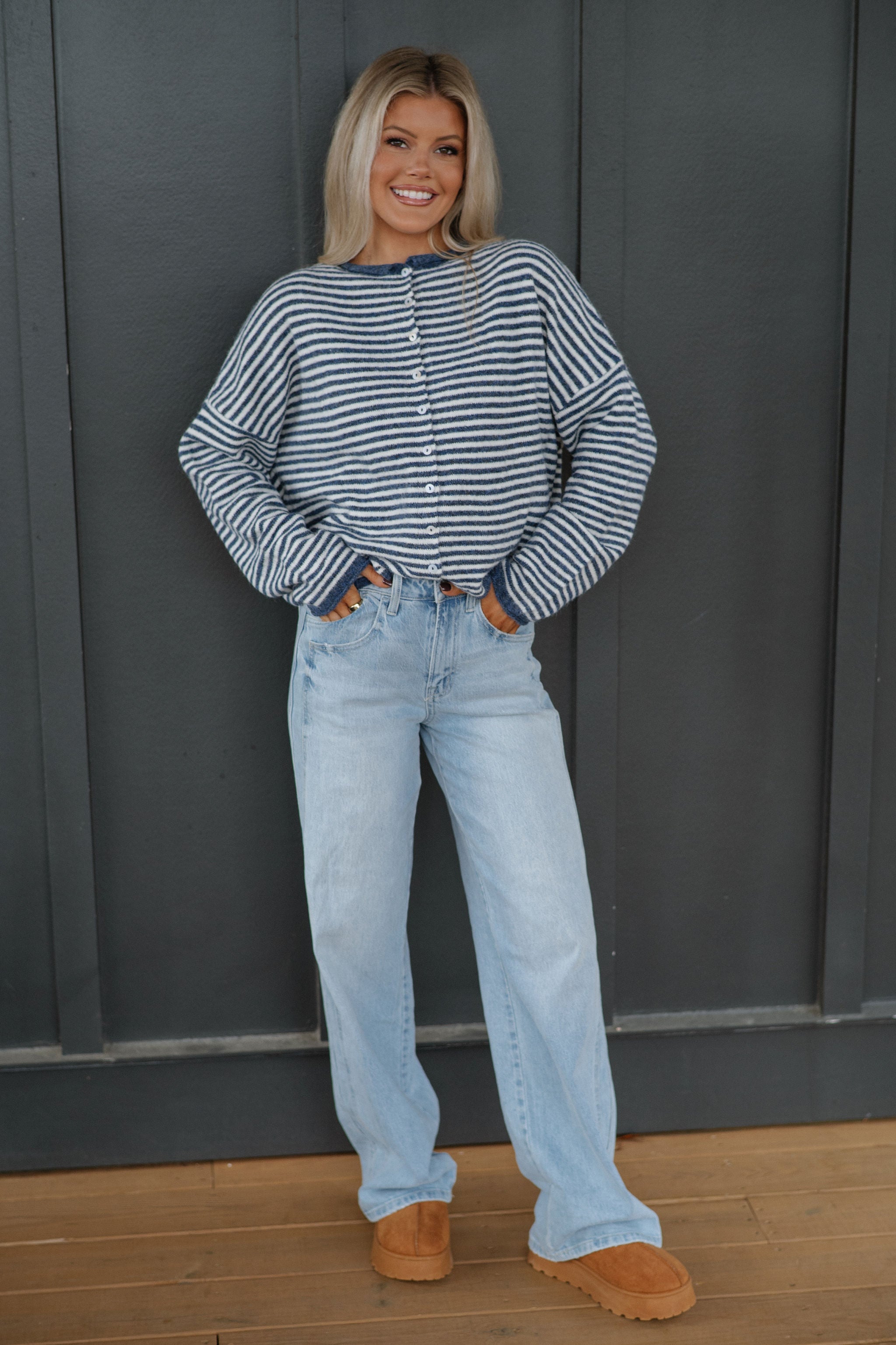 Mallory Mini Striped Cardigan- Denim