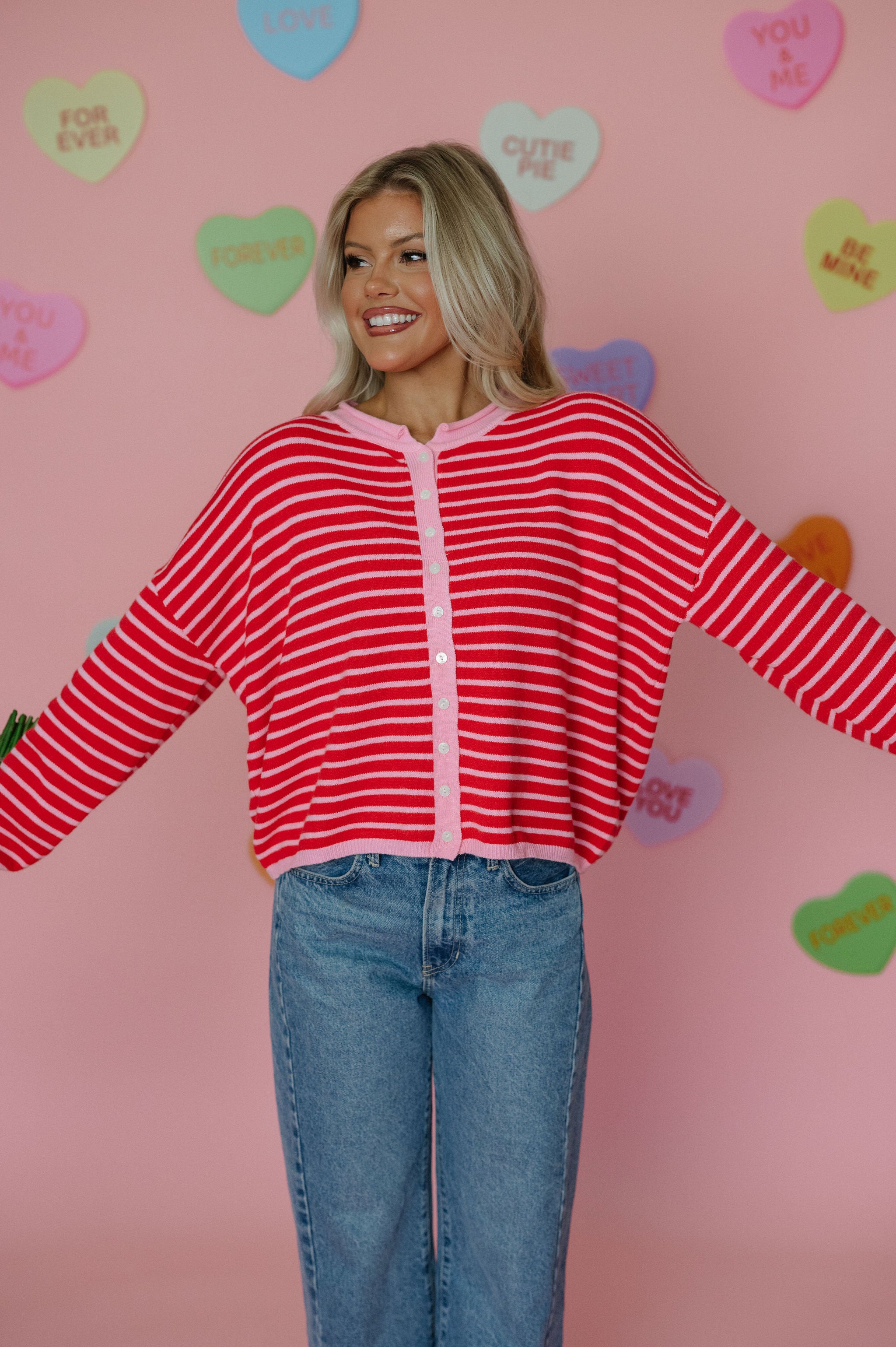 Valerie Striped Cardigan Sweater-Pink/Red