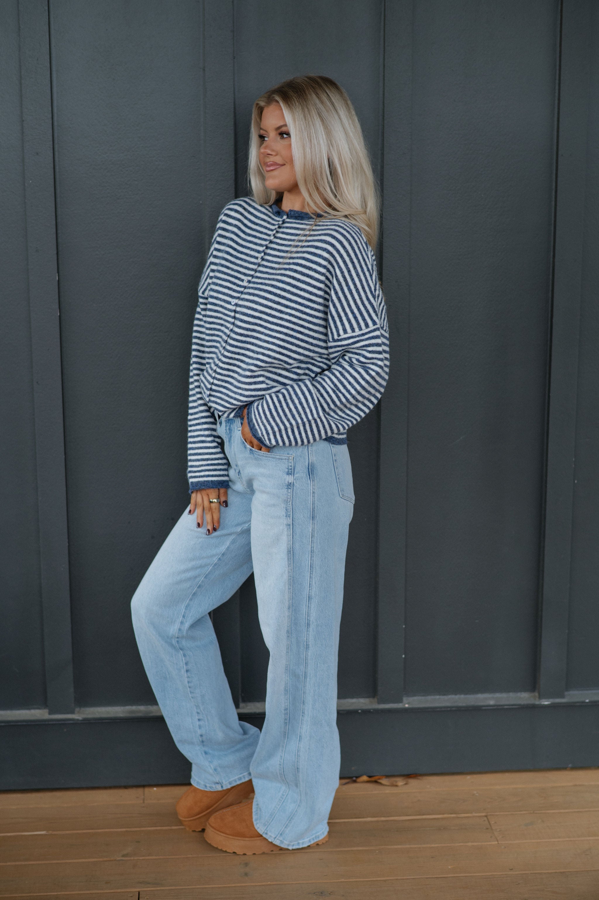 Mallory Mini Striped Cardigan- Denim