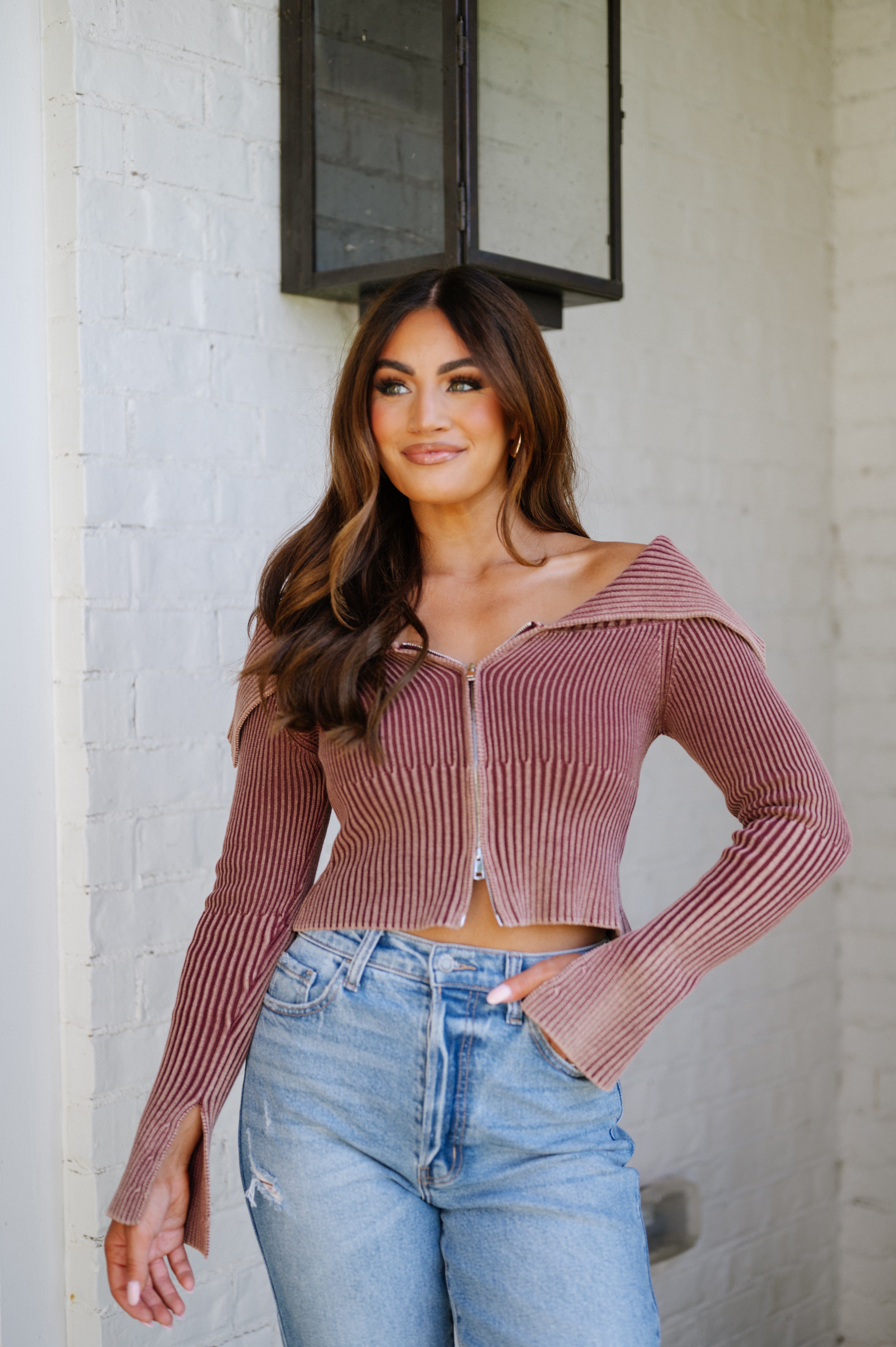 Mineral Wash Knit Top-Brown