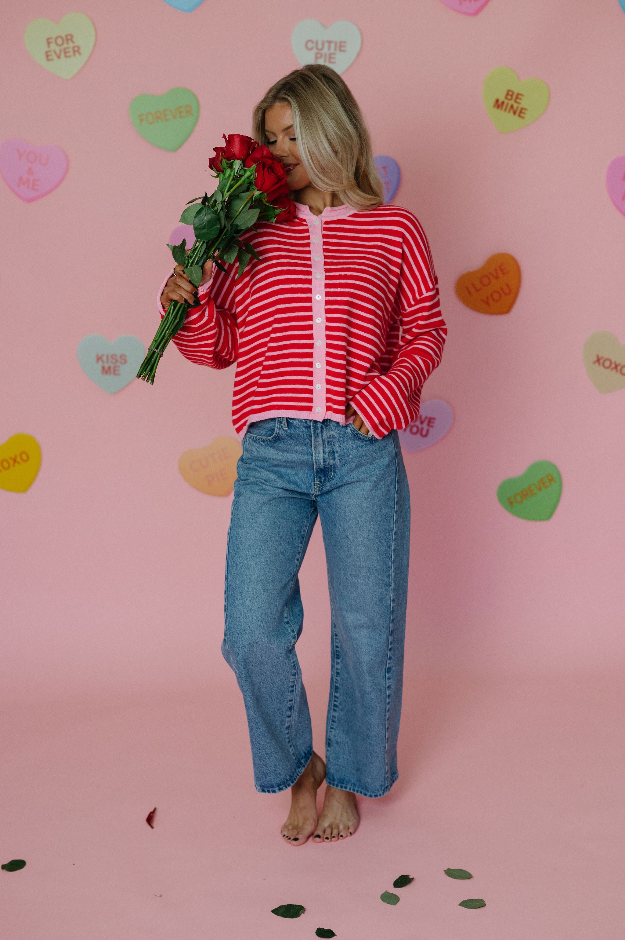 Valerie Striped Cardigan Sweater-Pink/Red