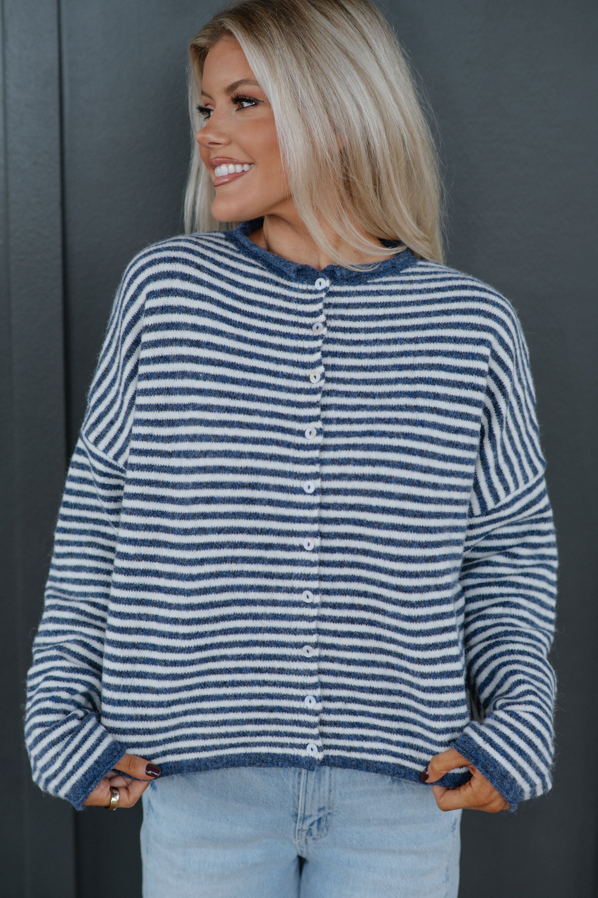 Mallory Mini Striped Cardigan- Denim