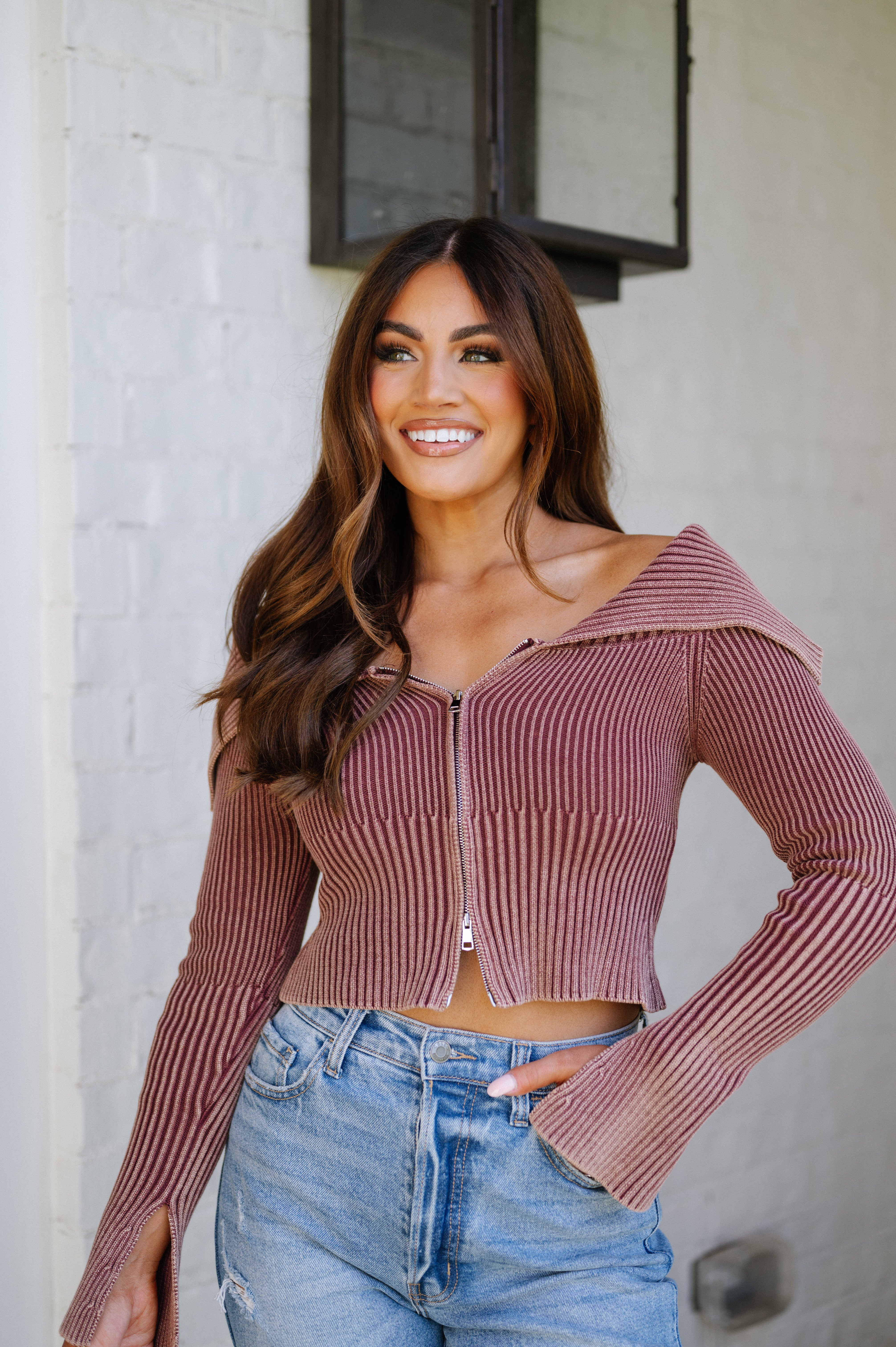 Mineral Wash Knit Top-Brown