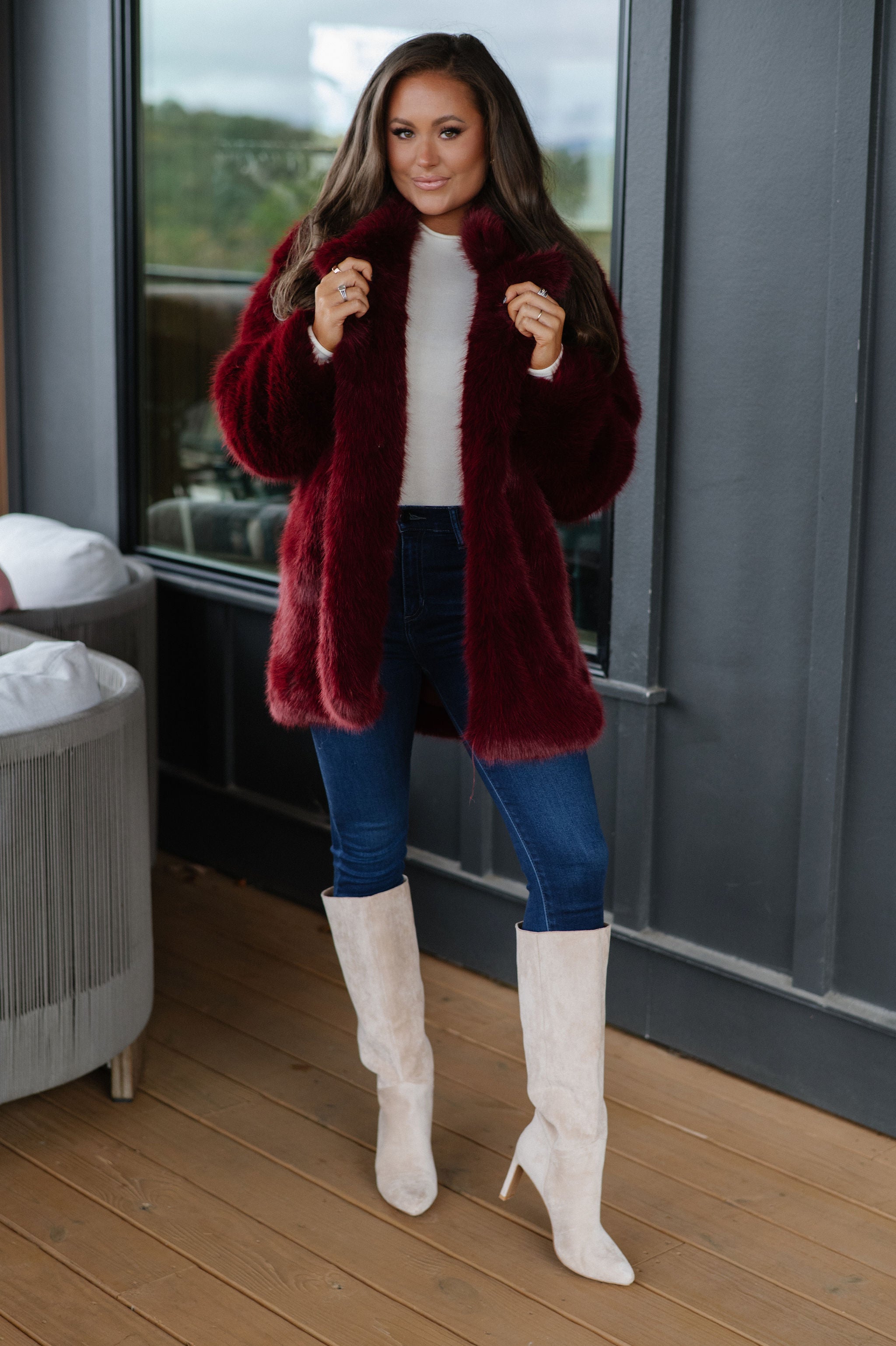 Josephine Faux Fur Coat-Wine