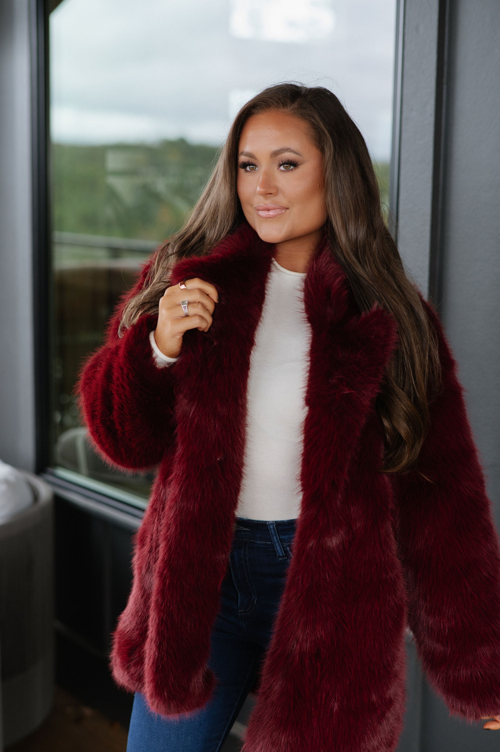 Josephine Faux Fur Coat-Wine