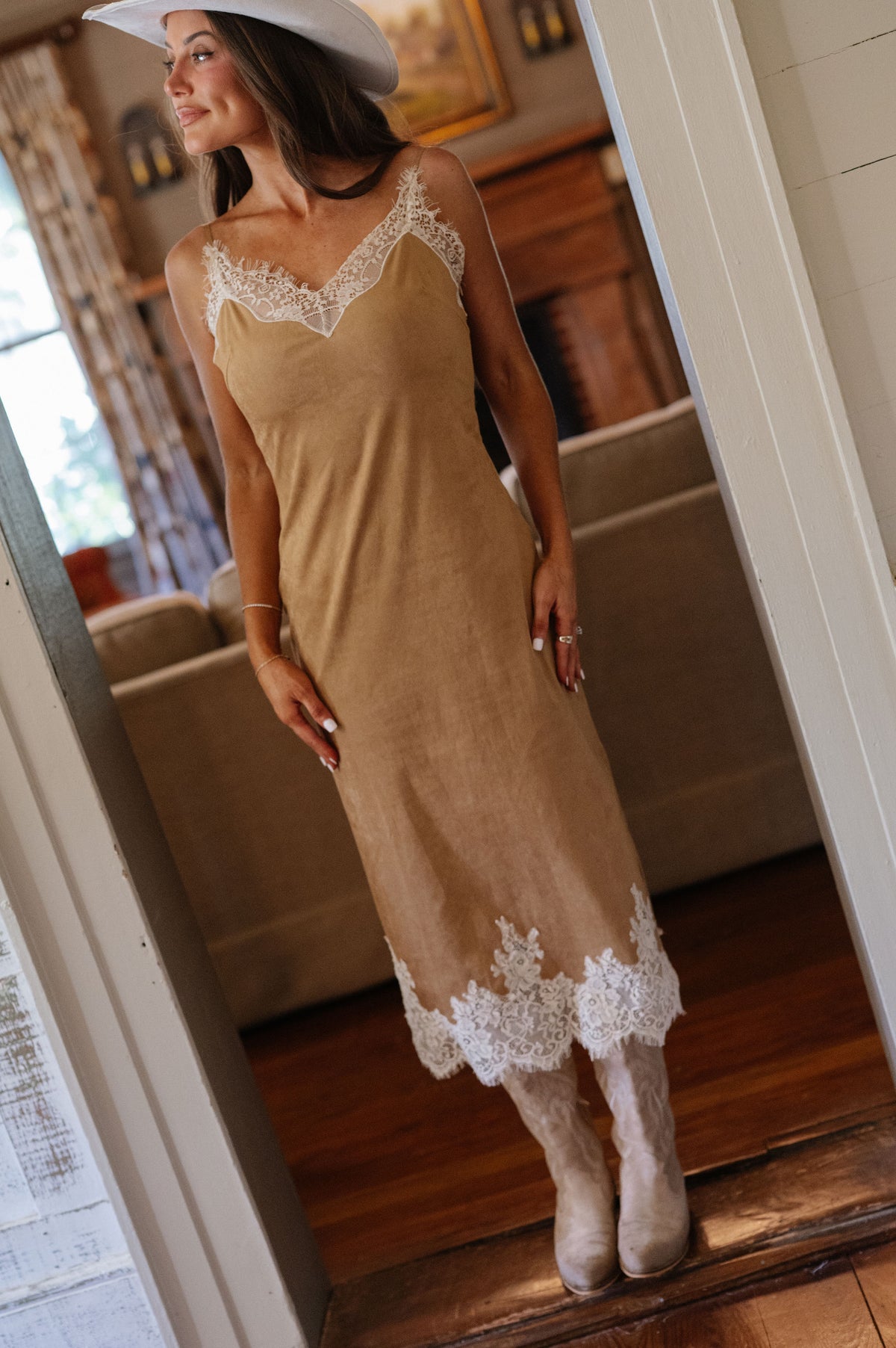 Olivia Midi Lace Suede Dress-Camel