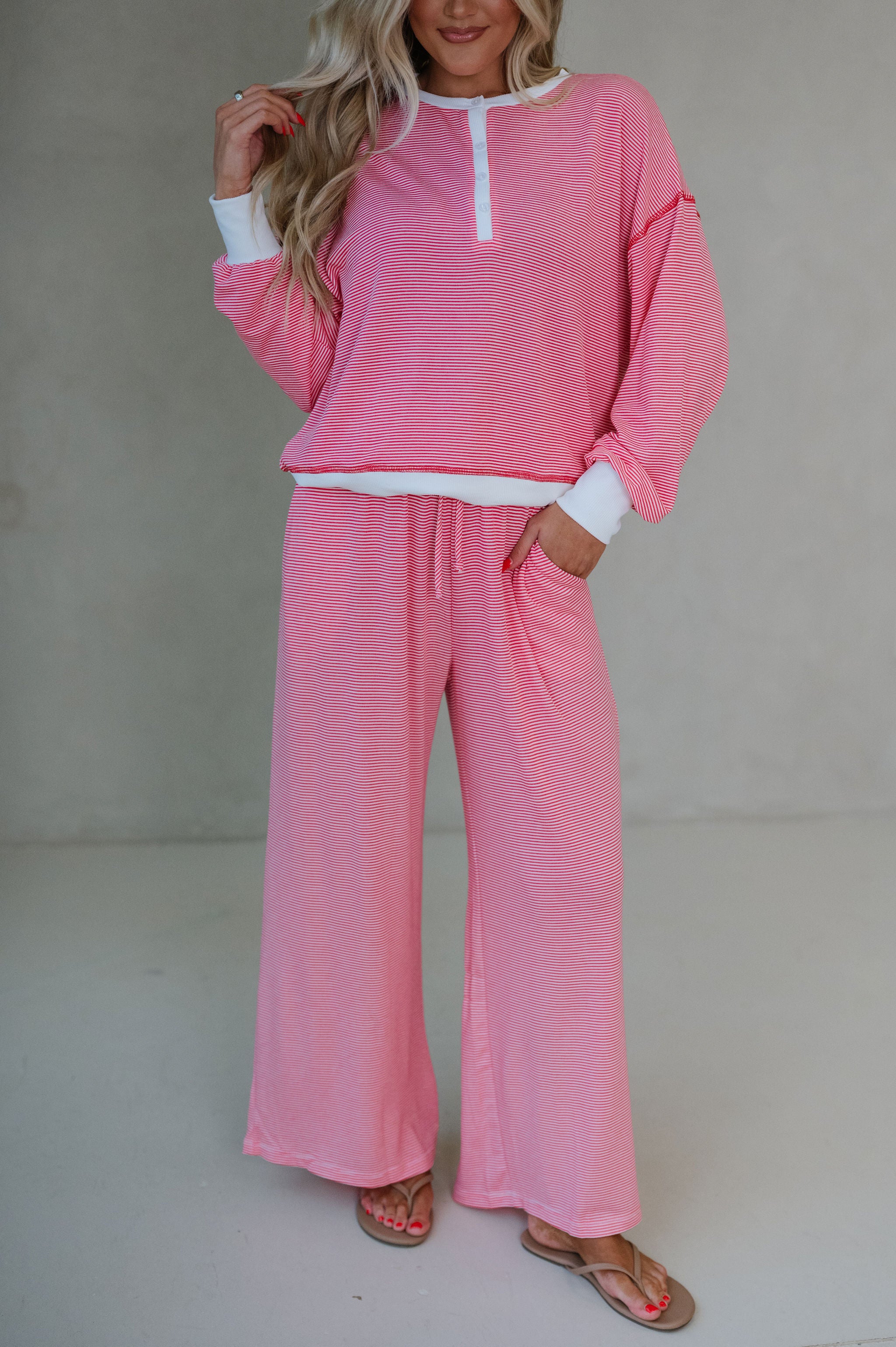 Haley Striped Lounge Pants Set-Watermelon