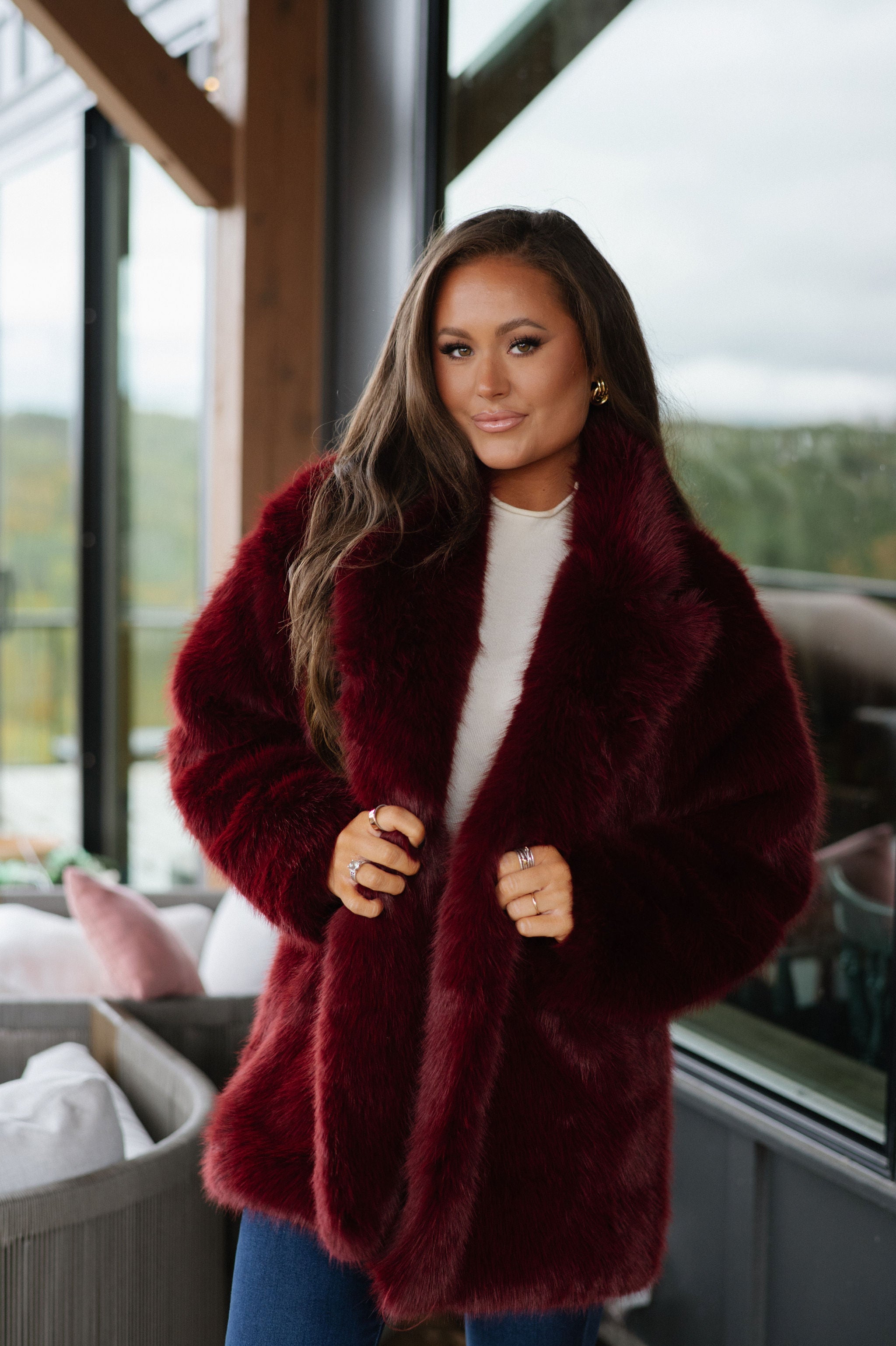 Josephine Faux Fur Coat-Wine