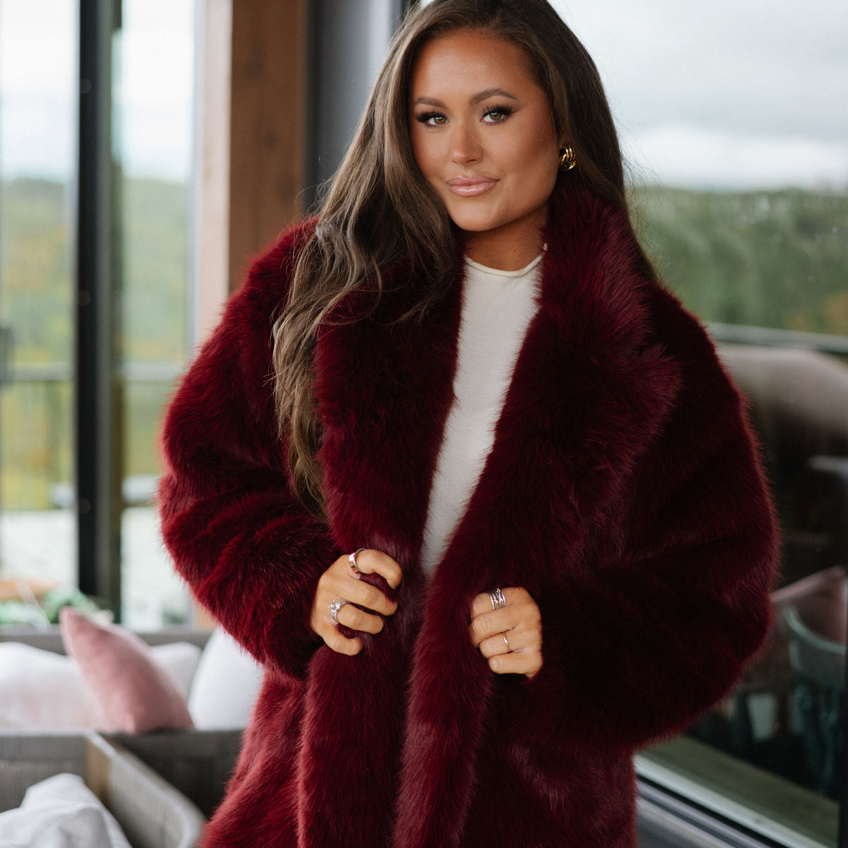 Josephine Faux Fur Coat-Wine