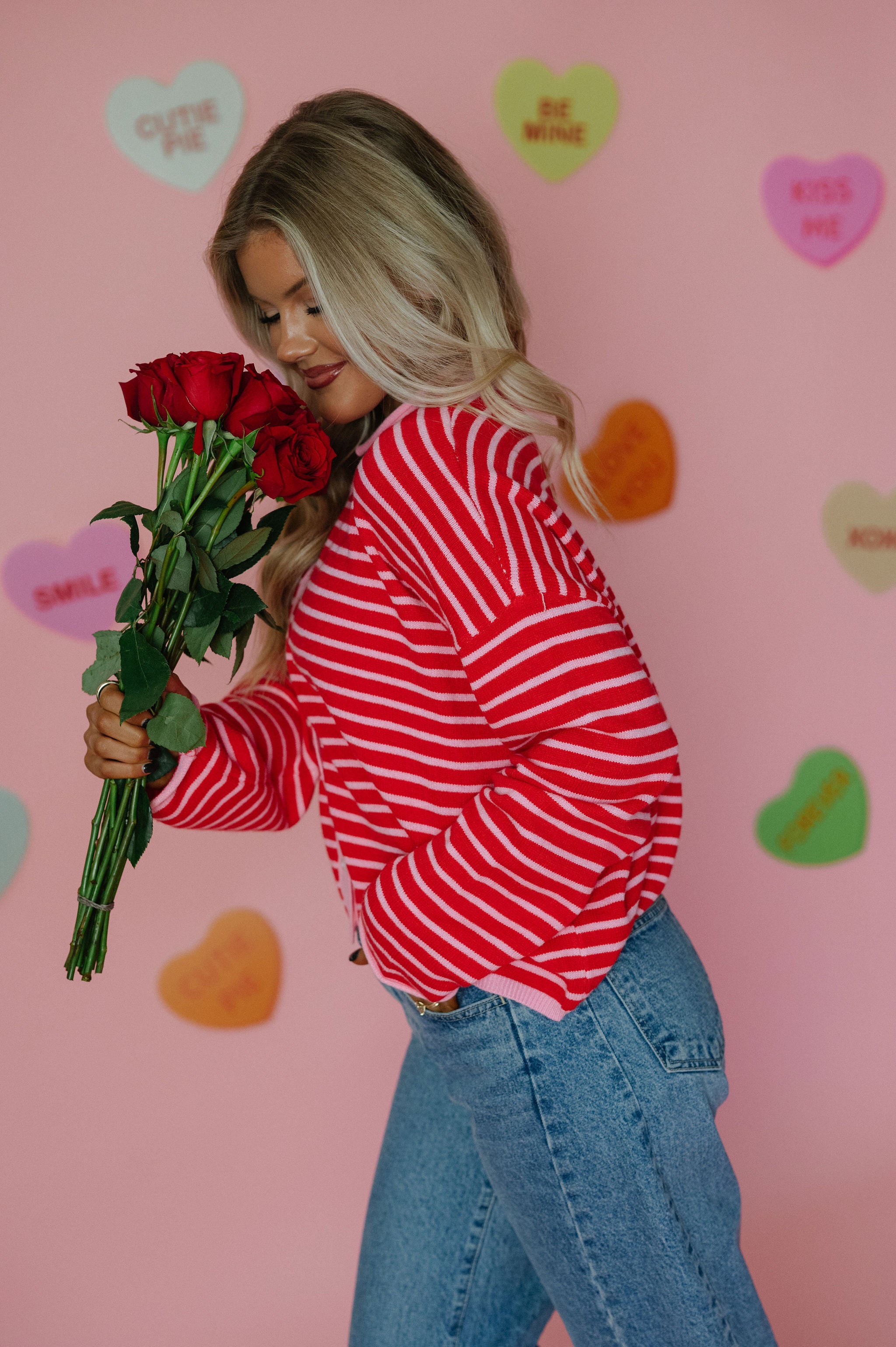 Valerie Striped Cardigan Sweater-Pink/Red